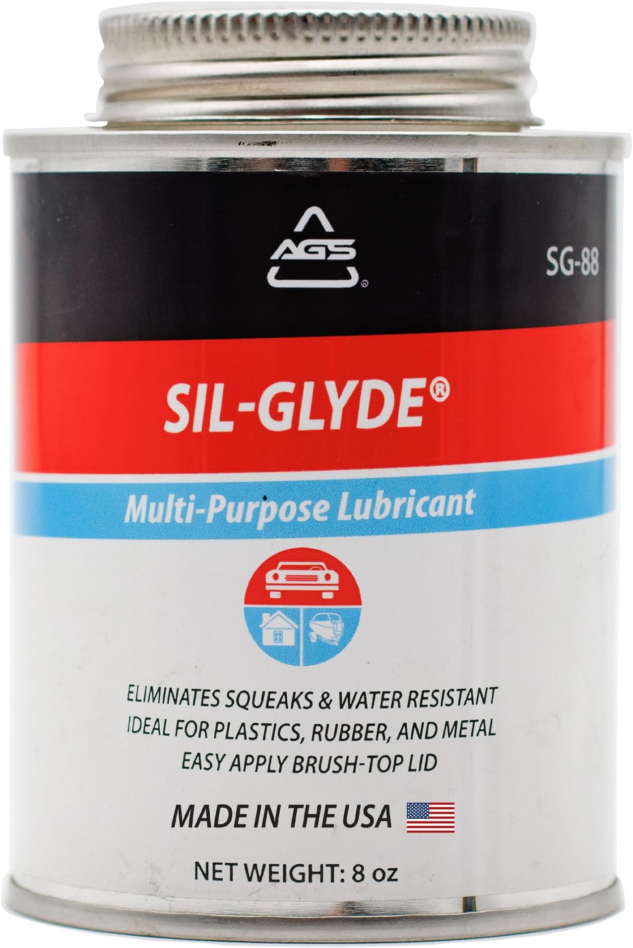 AGS Automotive Solutions SIL-Glyde Brush Top Can Multi-Purpose All-Weather Lubricating Compound for All Surfaces, 8 oz Lubricant Can, Silicone Lubricant, Ensure Friction Resistance