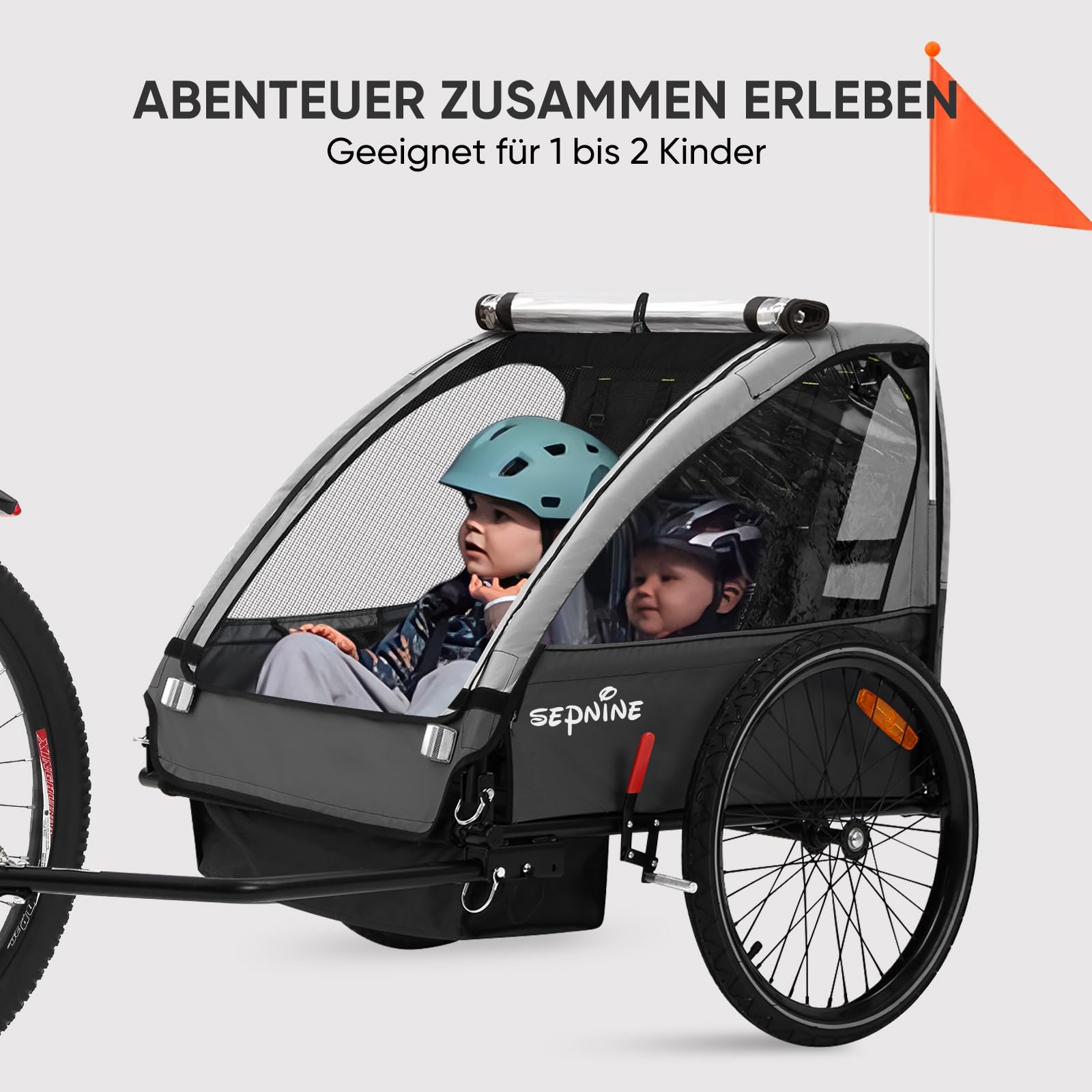 SEPNINE Kinderanhänger für Fahrrad, Fahrradanhänger für 1-2 Kinder, mit 5-Punkt-Sicherheitsgurt, Luftreifen, Handbremse, Faltbar, Max. 40 kg (Grau)