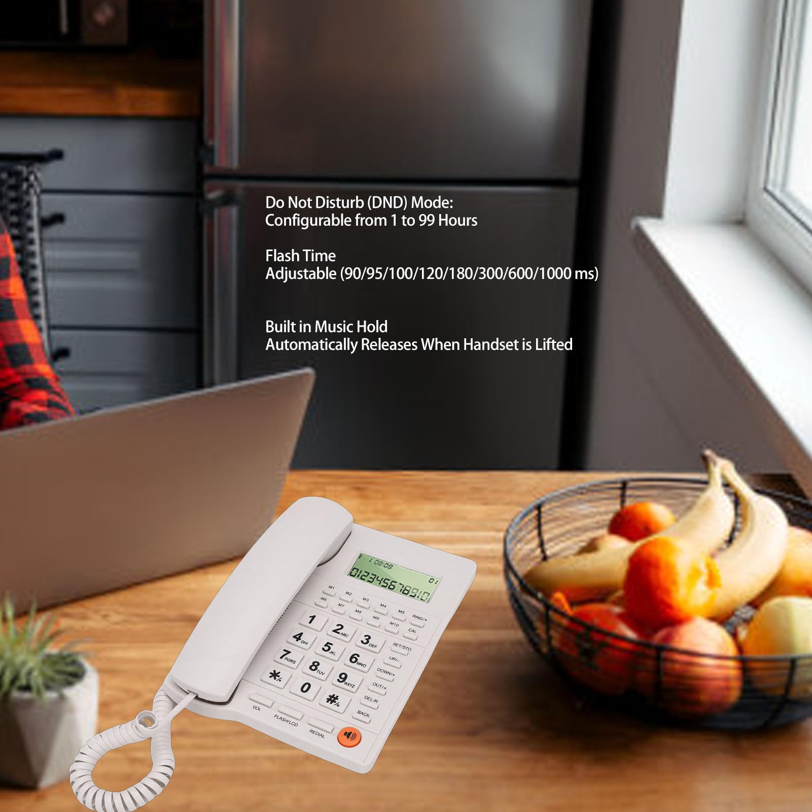 PUSOKEI Schnurgebundenes Festnetztelefon mit Anrufer-ID, Großen Tasten und Klarem Display, kein Wechselstrom Erforderlich, Lautstärkeverstellbarer Lautsprecher für das Büro zu Hause Im (White)
