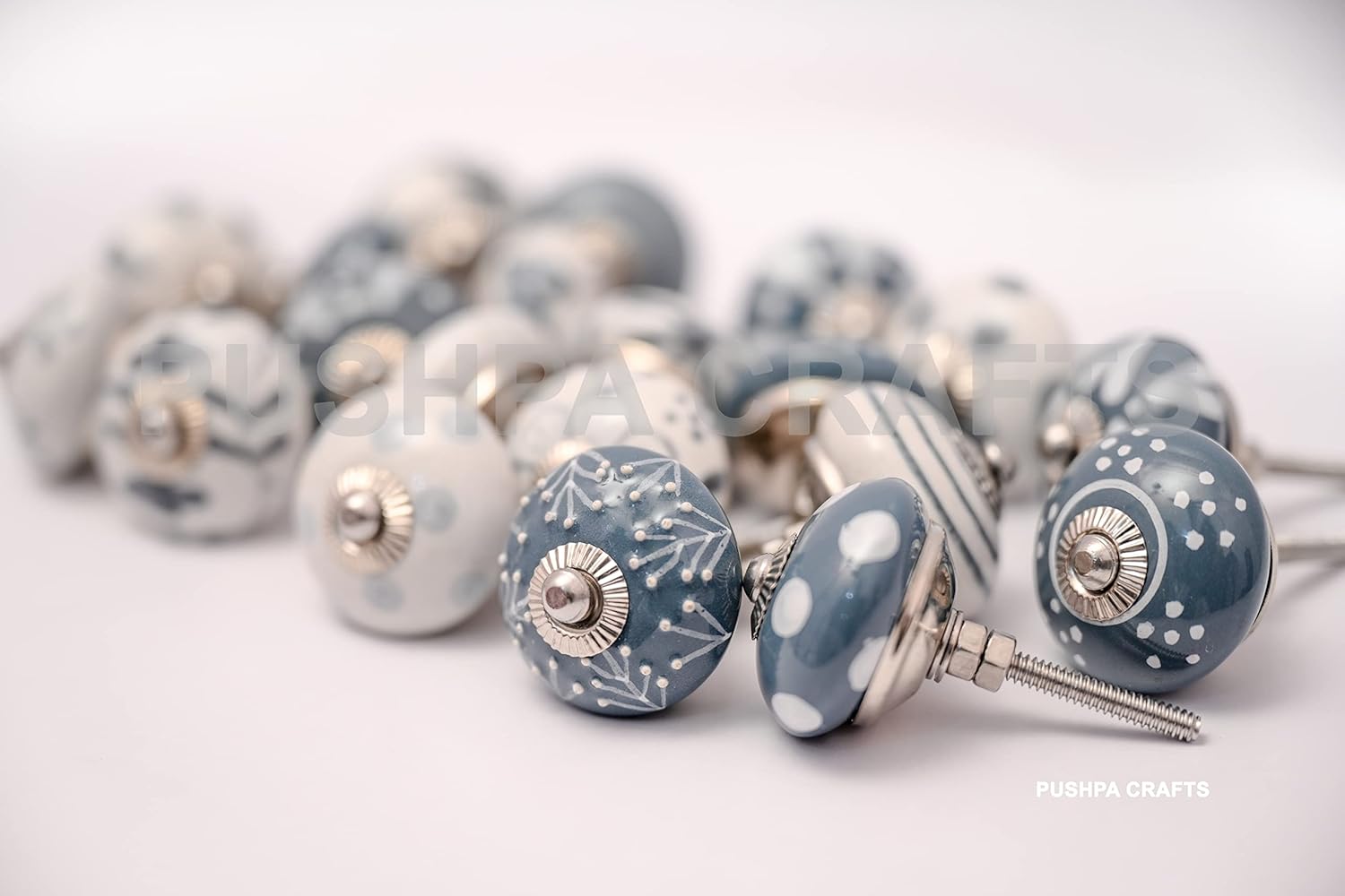 10 x Hand Painted Ceramic Cupboard Knobs - Grey/White