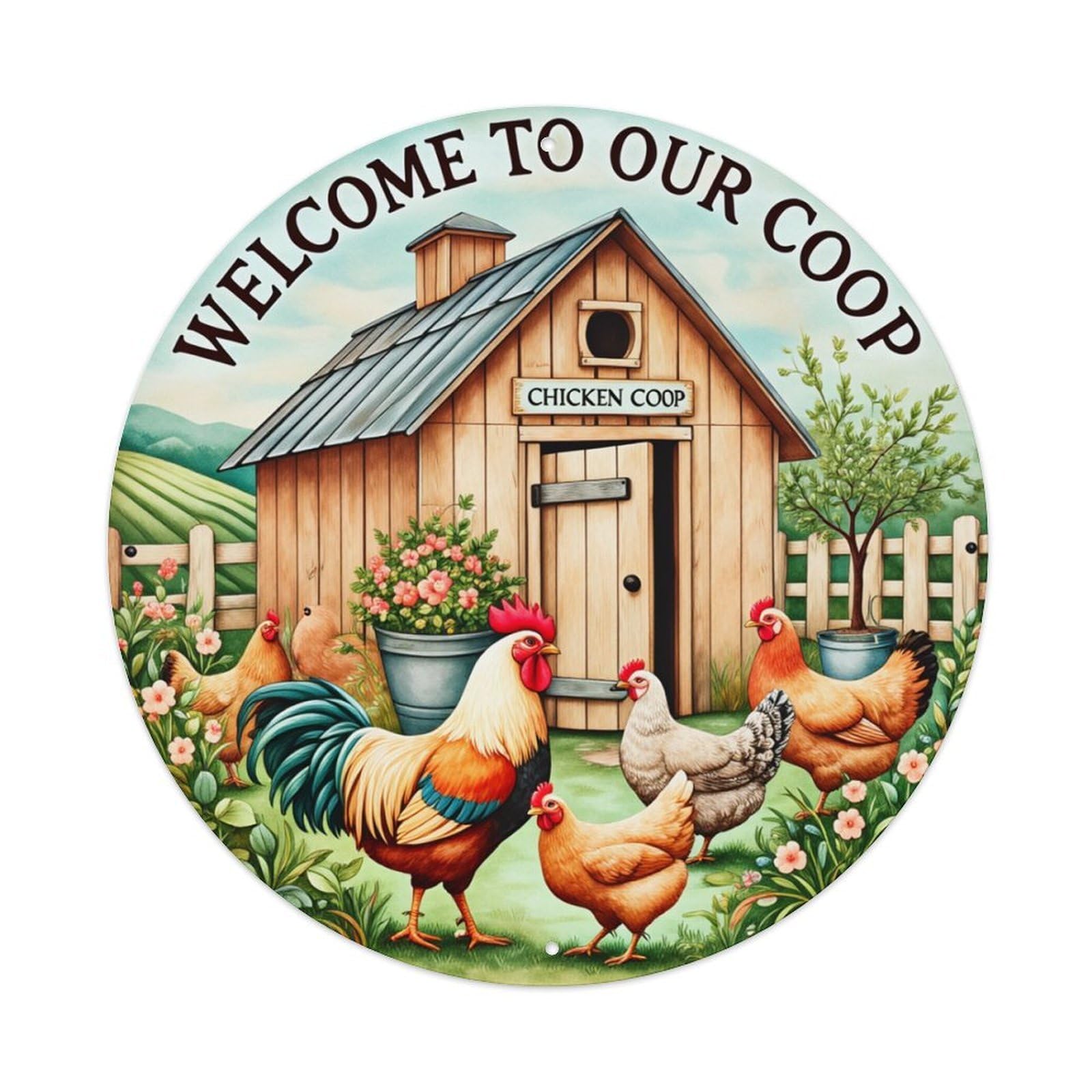 Chicken Coop Welcome Sign Round Tin Sign Retro Metal Sign for Cafe Bar Pub Home Game Room Gym Club Wall Decoration Vintage Metal Poster 8x8 Inch