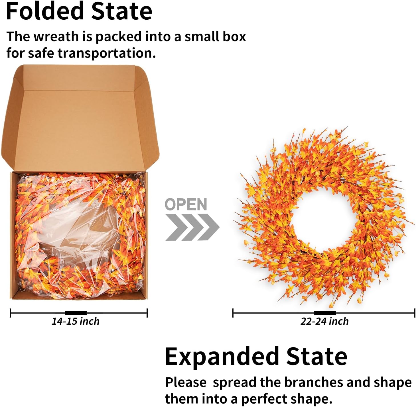 24 Inch Artificial Autumn Wreath,Fall Wreath with Orange Silk Forsythia, Handmade Paper Flowers & Berries, Farmhouse Seasonal Harvest Wreath for Front Door Indoor Outdoor Thanksgiving Decor