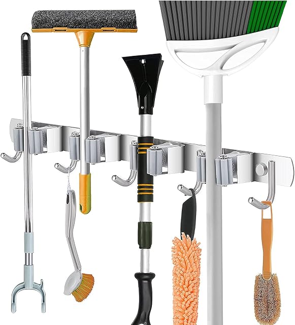 naspiweiya Broom Mop Holder, Stainless Steel Wall Mounted Storage Organizer Tool for Kitchen, Garage Garden Bathroom Organization and Storage (4 Racks 5 Hooks)