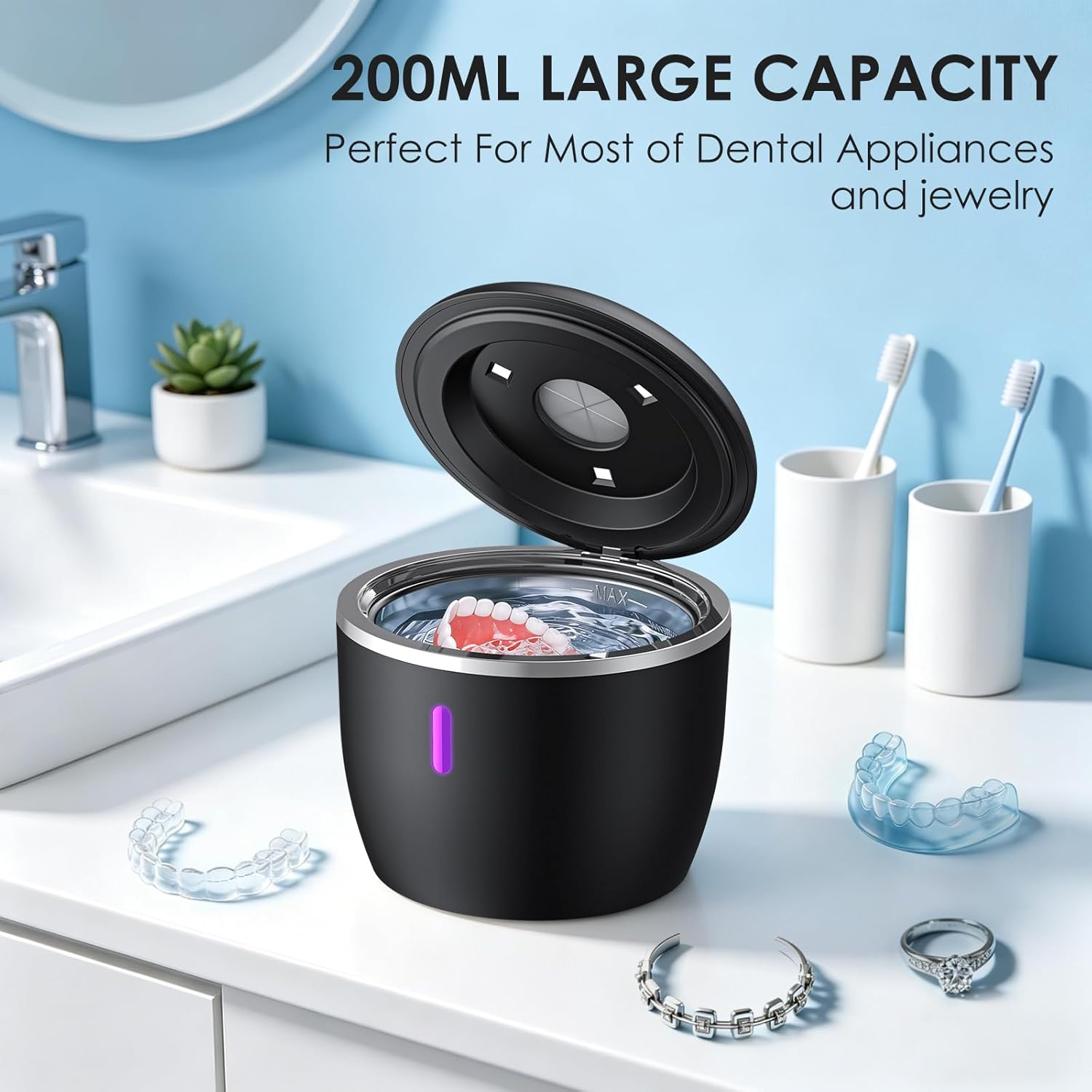 Ultrasonic Retainer Cleaner Machine 45kHz 200ML 4 Modes Dental Cleaning Pod for Dentures Retainers Aligners Jewelry (Black)