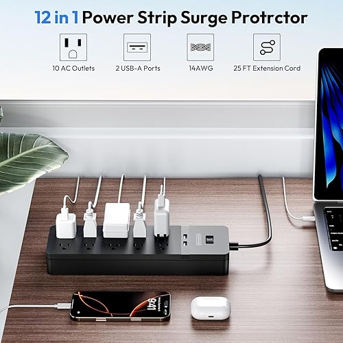 Miniatura 3 de NTONPOWER - Cable de extensión de enchufe plano de 25 pies, 10 tomas ampliamente espaciadas, protector de sobretensiones con 2 USB, protección