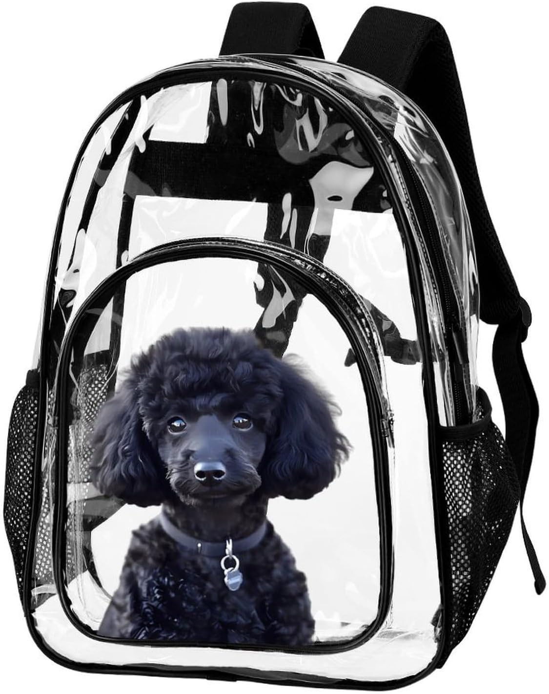 Black Poodle Pet Dog Clear Backpack Transparent Shoulder Bag | Heavy Duty Back Pack Water-Resistant PVC Plastic