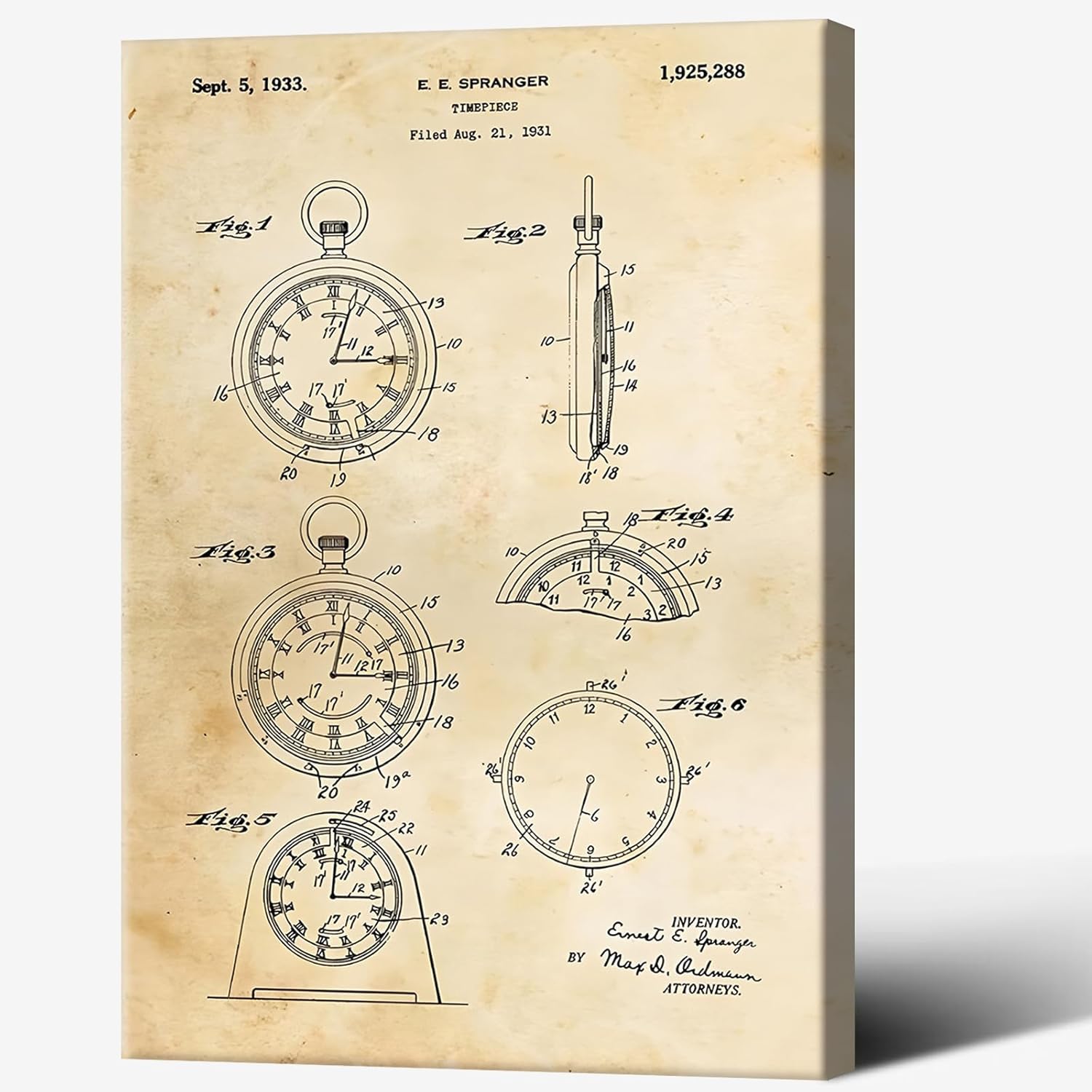 Vintage Clock Face Patent Poster Classic Watch Mechanical Canvas Wall Art 1933s Nostalgic Antiques Watchmaker Gift Prints Painting For Living Room Bedroom Office Wall Decor 12x16in Wframed
