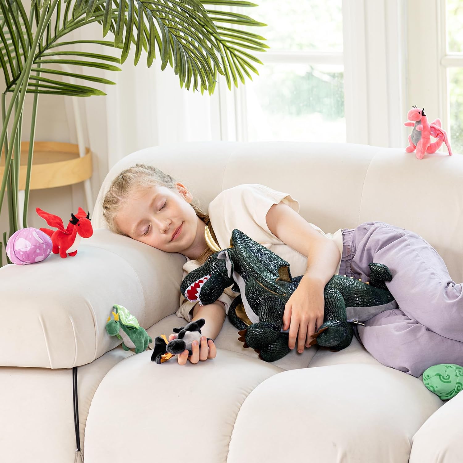 7Pcs Giant Dark Green Dragon Plush Toy, 21.7" Big Mother Dragon Stuffed Animal with 4 Babies & 2 Eggs, Stuffed Dinosaurs for Kids Boys Girls, Cute Soft Plushies Gift for Birthday Christmas