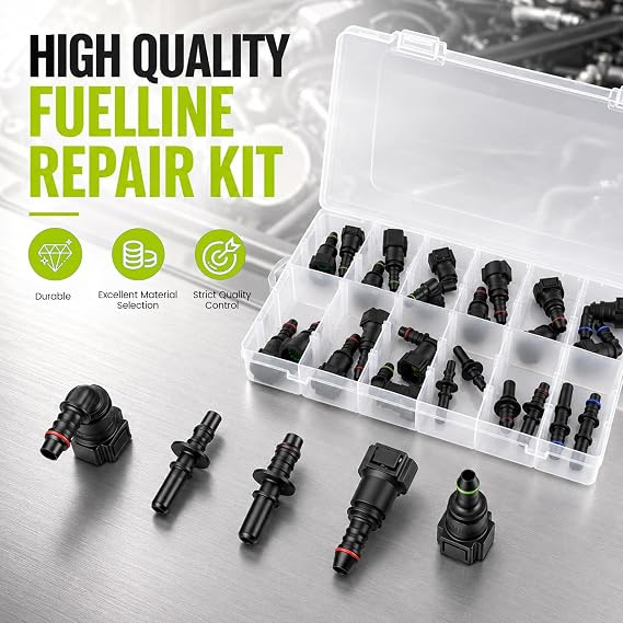 24 PCS Fuel Line Quick Connector Set, 9 Sizes Fuel Hose Fittings Adapters Kit SAE 9.89mm 9.49mm 7.89mm, Assorted Fuel Line Quick Connector Kit for Automotive Motorcycle