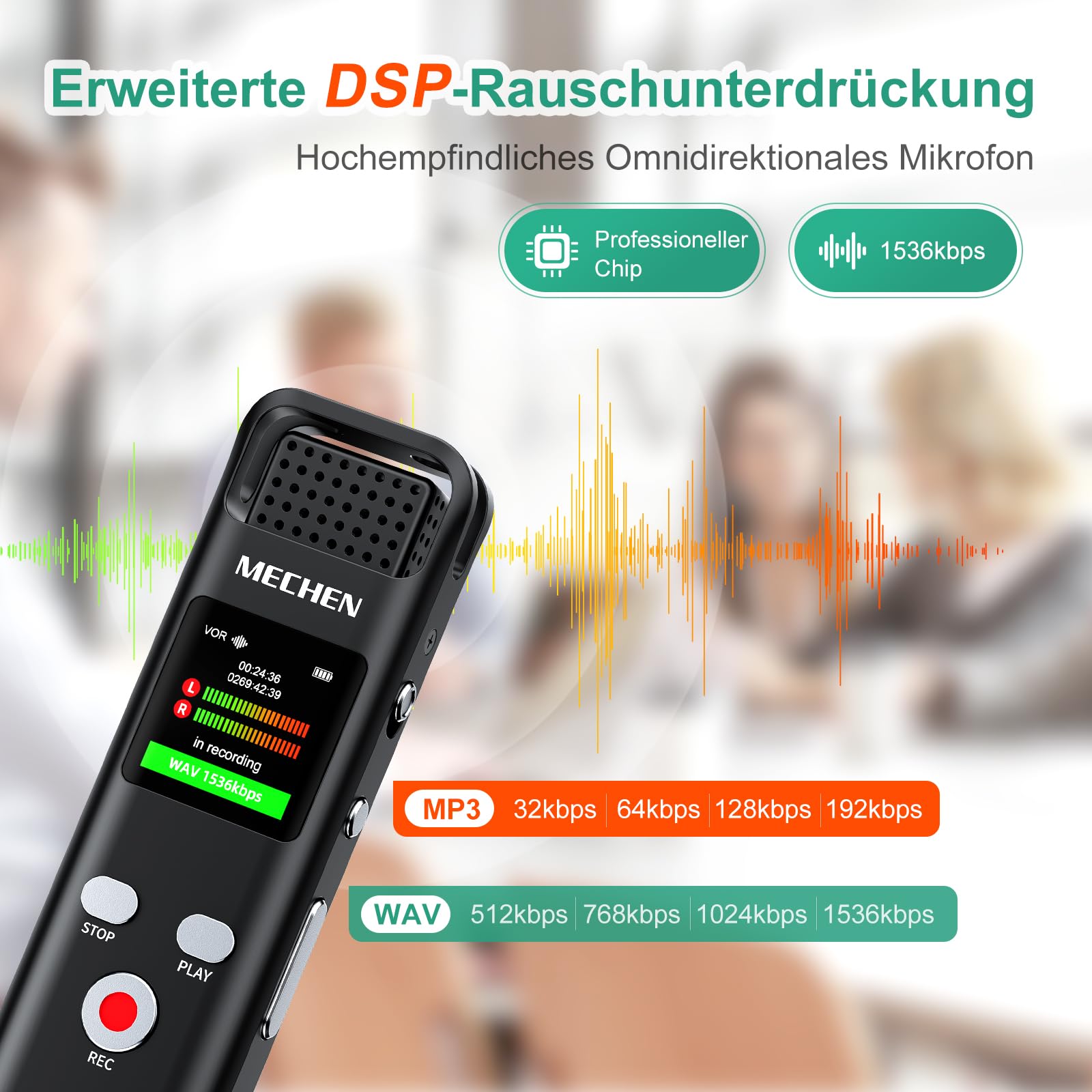 MECHEN V02 Diktiergerät 64GB, 1536Kpbs Digitales Aufnahmegerät mit One-Touch Aufnahme & Rauschunterdrückung für Interviews, Klassen und Meetings, Metallgehäuse, VOR, Line-in