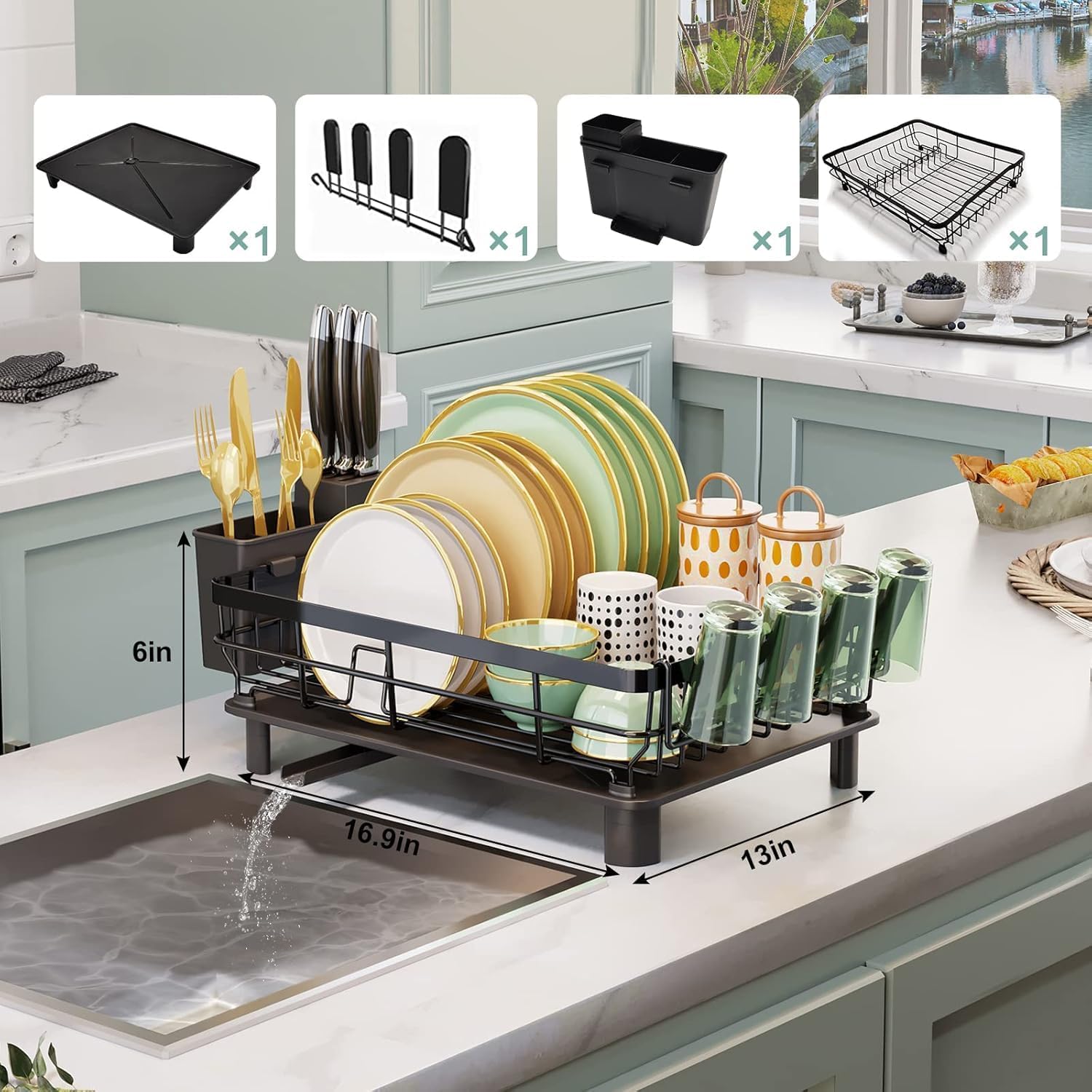 Dish Drying Rack, Dish Rack with Drainboard, Dish Drainers for Kitchen Counter, Drying Rack with Utensil Holder, 360° Swivel Spout, Design for Long-Lasting and Space Saver