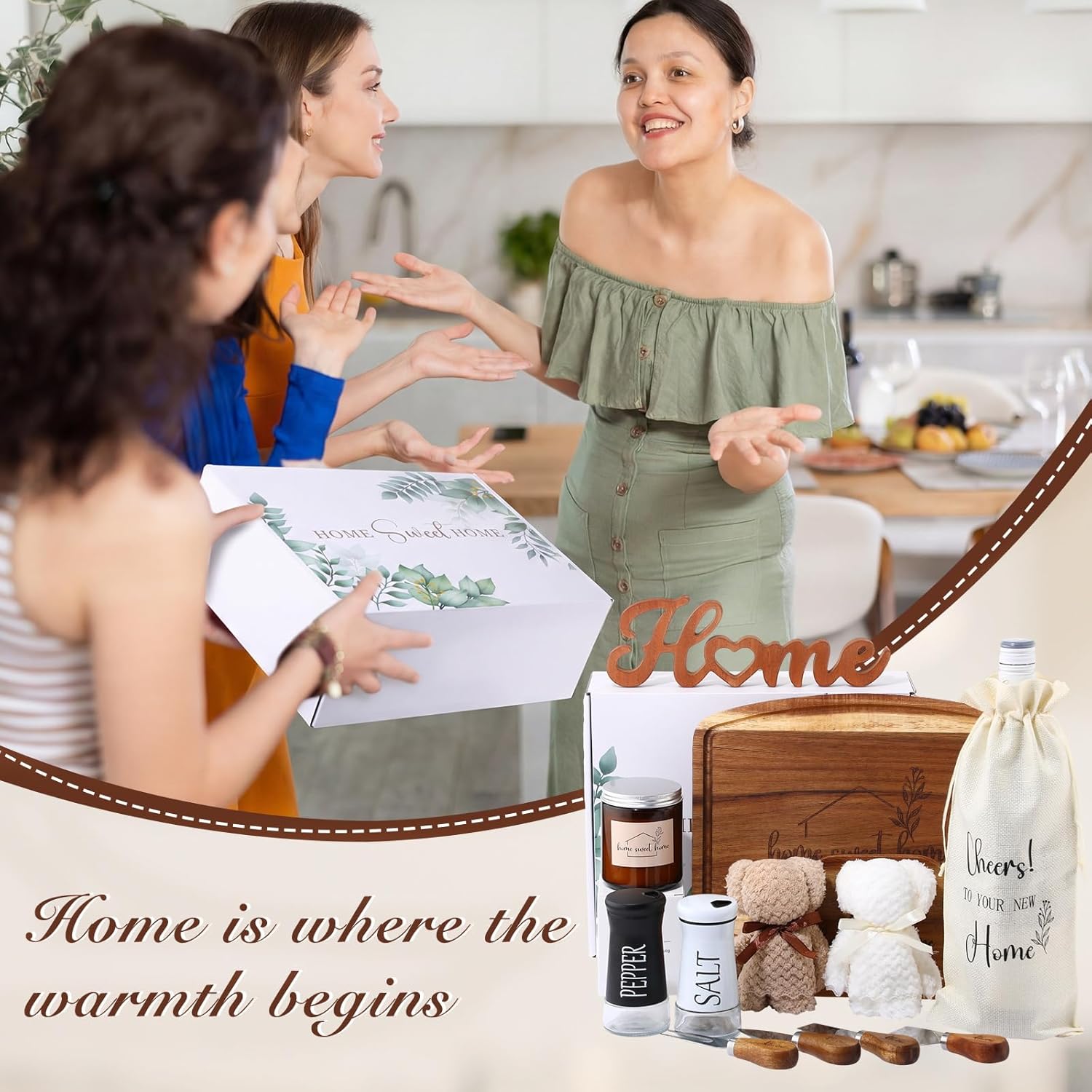 14 Pcs House Warming Gifts New House Basket Housewarming Closing Present Home Sweet Acacia Wood Serving Board for Home Buyers Couple New Homeowners