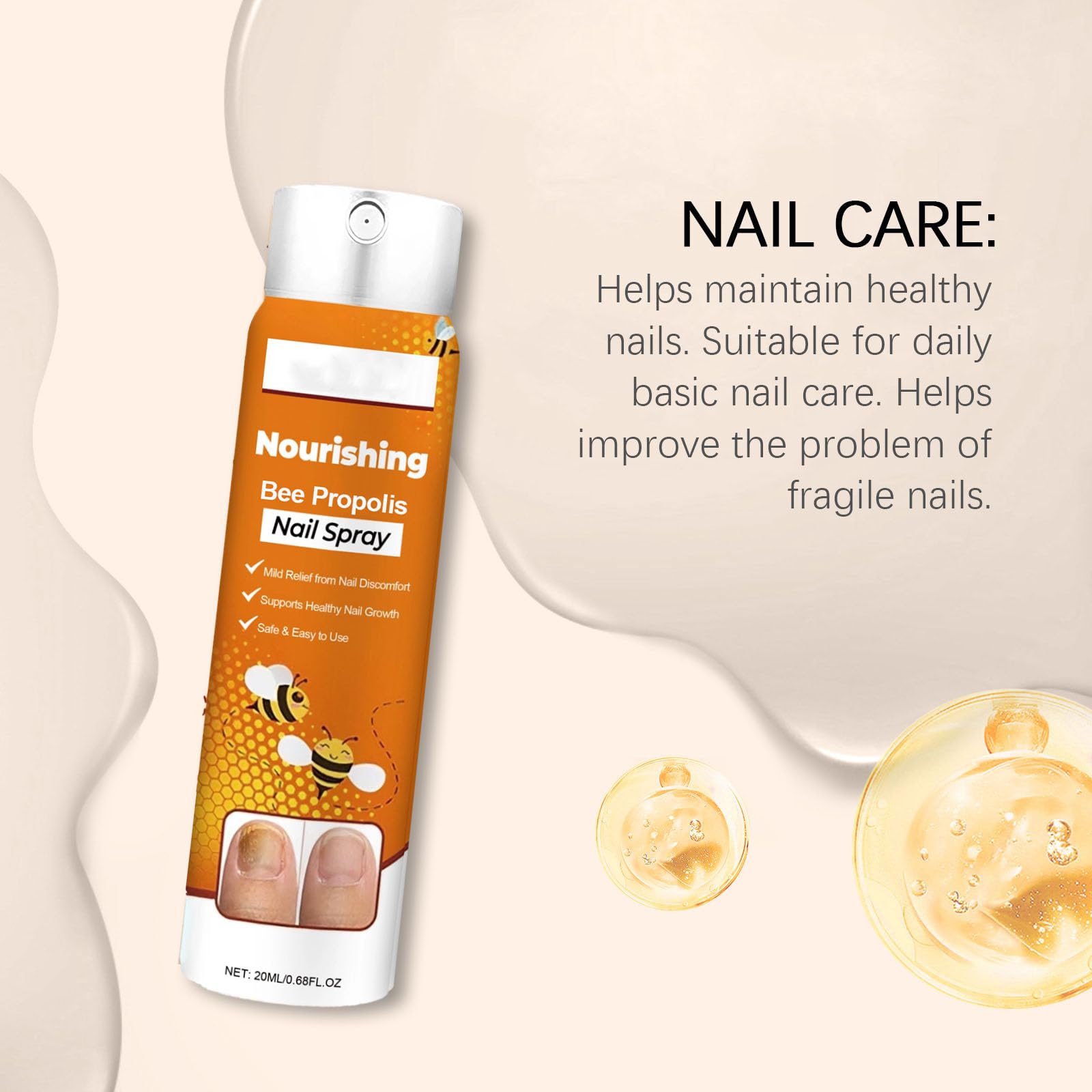 Abeja propóleos cuidado de uñas, aceite nutritivo fortalecedor para uñas débiles y quebradizas, spray de cuidado de secado rápido con árbol de té y jengibre para cutículas ásperas y secas (8 piezas)