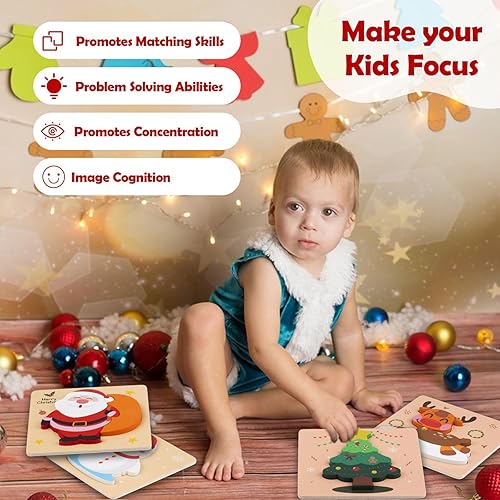 Miniatura 5 de Rompecabezas de madera de Navidad para niños pequeños, rompecabezas de bebé para niños y niñas de 1, 2, 3 años, juego de 4 juguetes Montessori con