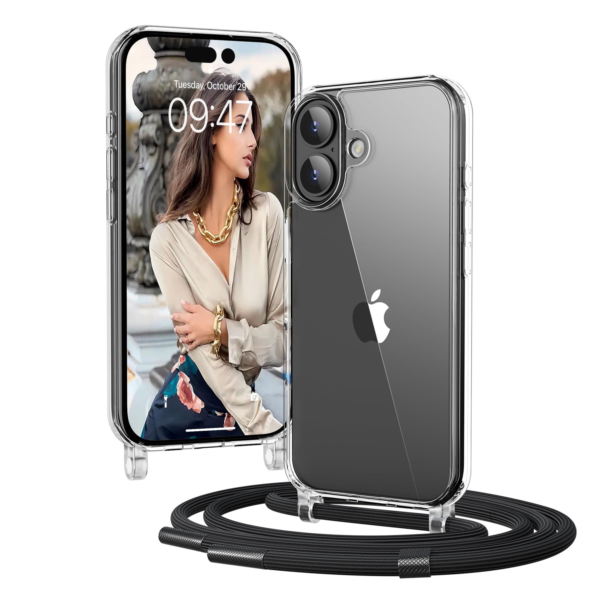 OLEPHY Handykette für iPhone 17 Hülle mit Band, Necklace Handyhülle, Transparente Schutzhülle zum Umhängen [Verstellbarem und Demontage Umhängeband], Schwarz