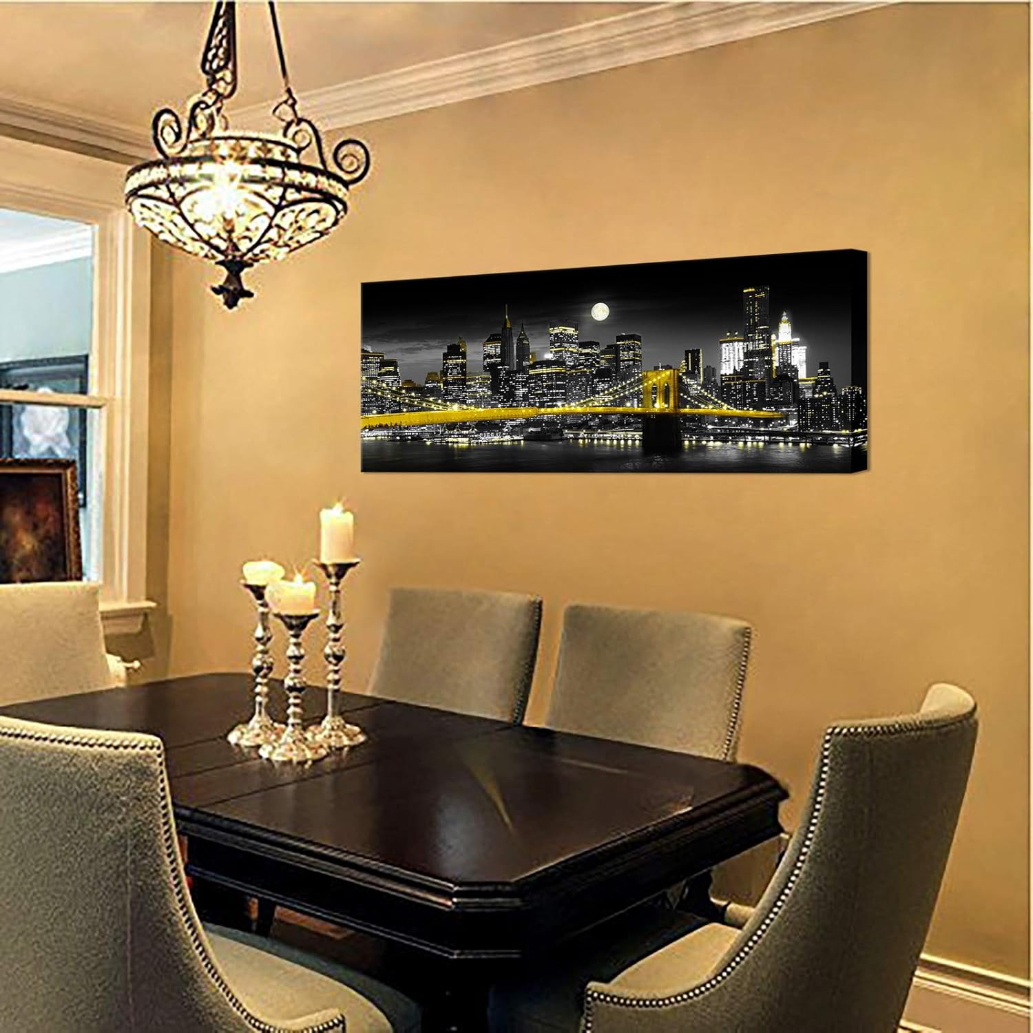 Biuteawal Black and White Yellow Canvas Print New York City Brooklyn Bridge at Moon Night Picture Photo Painting Cool Manhattan Skyline Artwork Modern Home Office Wall Decoration Ready to Hang