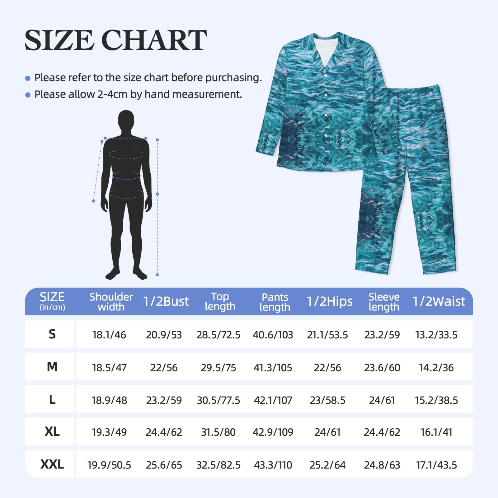 Conjunto de pijama para hombre con estampado de superficie marina, pijama suave de manga larga con botones y bolsillos