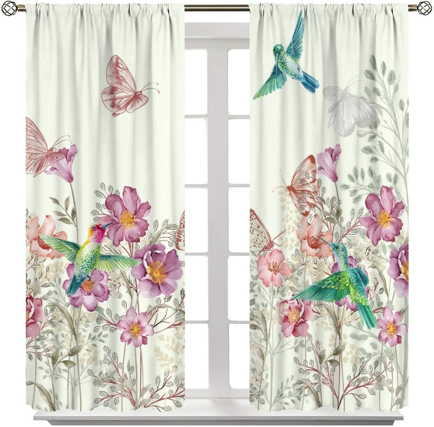 Rustic Hummingbirds Watercolor Floral Bird Spring Green Leaf Rod Pocket Blackout Curtains - Window Curtain Set Energy Saving Thermal Insulated Drapes for Living Room 2 Panels 45L x 21W