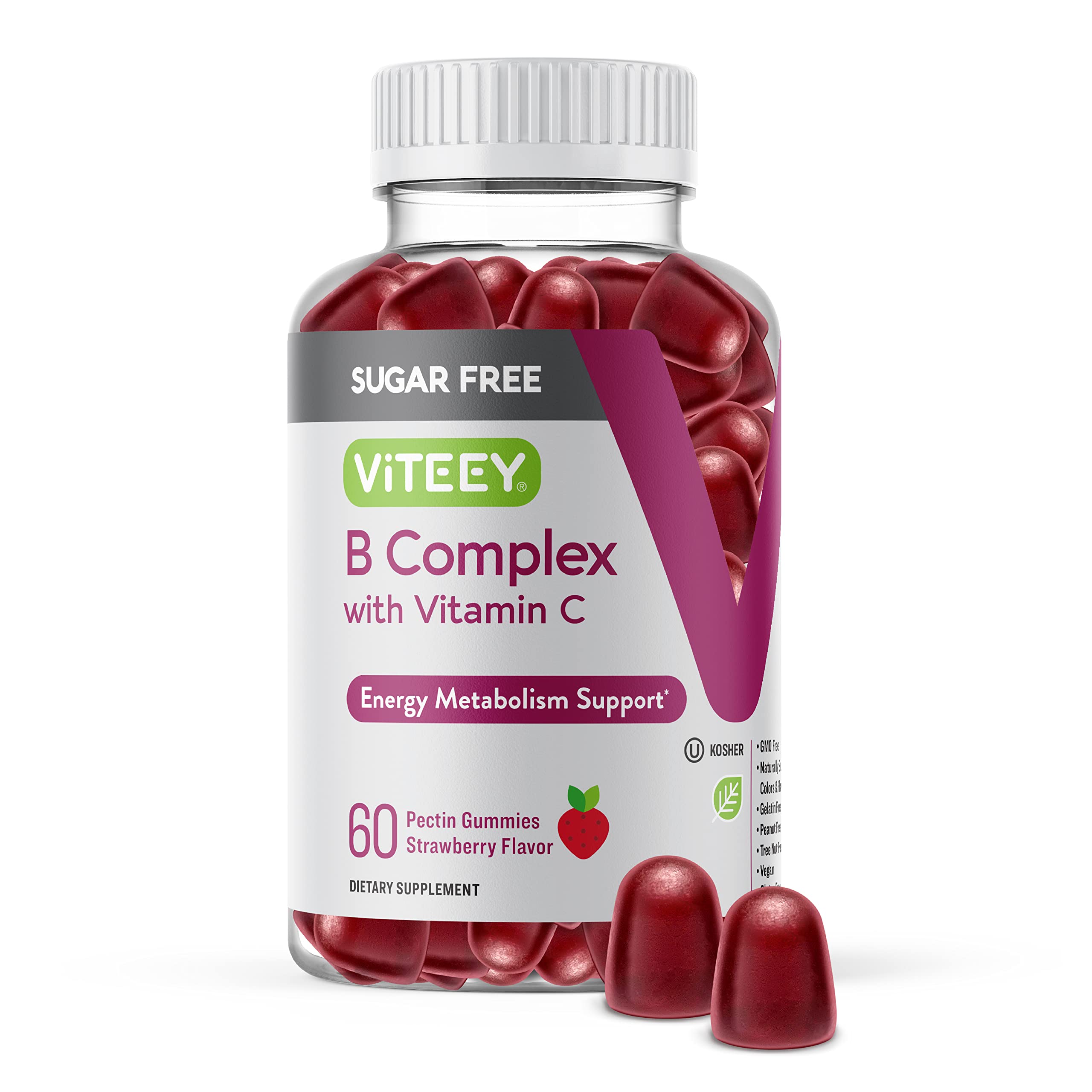 VITEEY Vitamin B Complex Gummies with Vitamin C, Sugar Free - Energy, Metabolism & Nerve Health - B6, B12, Folic Acid, Biotin - Vegan, Gelatin Free, GMO Free - Tasty Chewable Strawberry Flavored Gummy