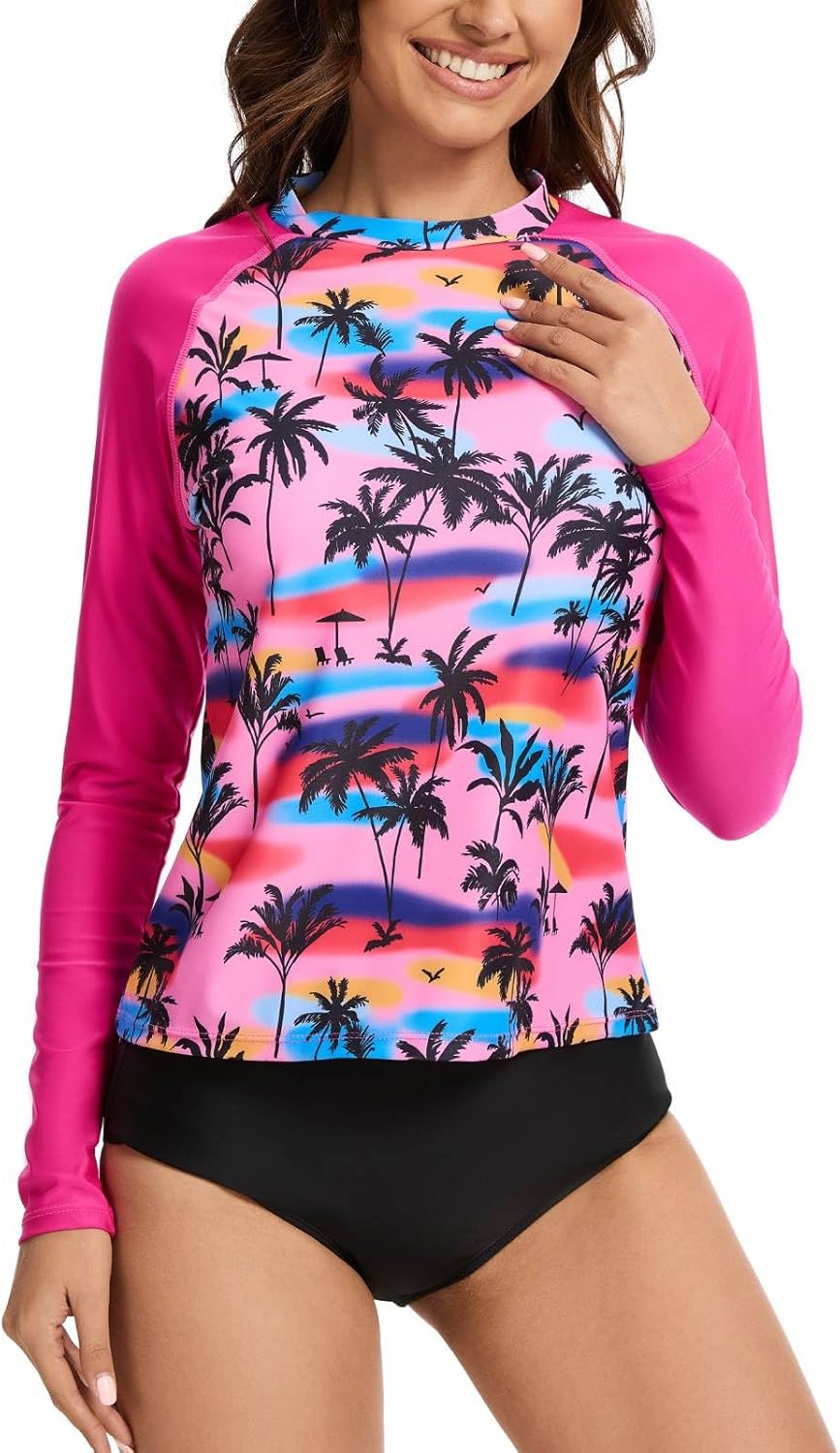 Women's Long Sleeves Rash Guard Swimsuits Swim Shirts UPF 50 Sun Protection Two Piece Swimsuits with Built in Bra