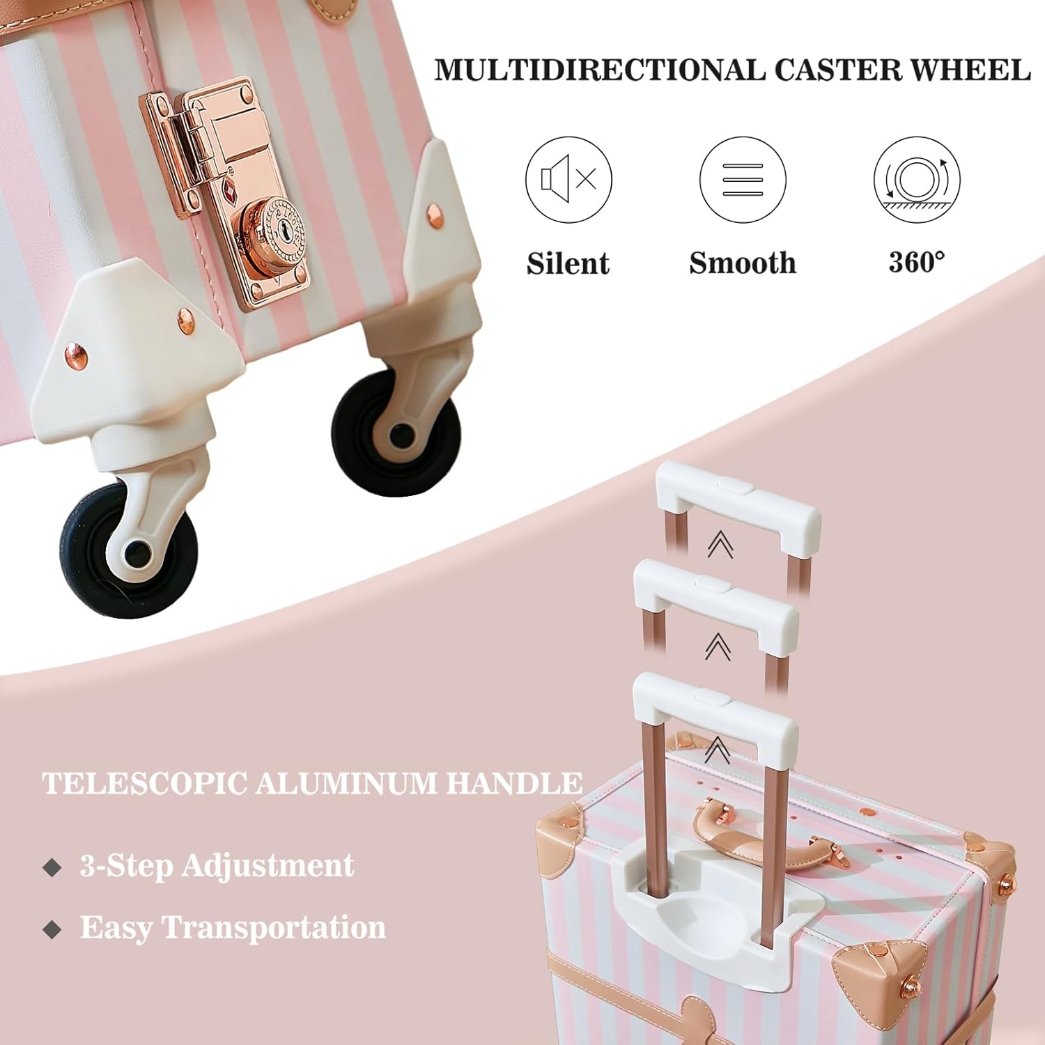 UNIWALKER Vintage Luggage Set, 2 Piece Faux Leather Carry on Suitcase with Spinner Wheels TSA Lock and Cosmetic Train Case for Women, Pink Strip, 20 12