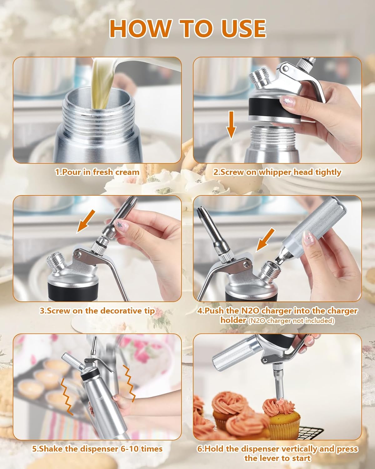 500ml Whipped Cream Dispenser, Aluminum Cream Maker with 6 Tips | Leak-resistant design for creating decorative toppings on coffee, desserts, mousse and cold beverages; brush included