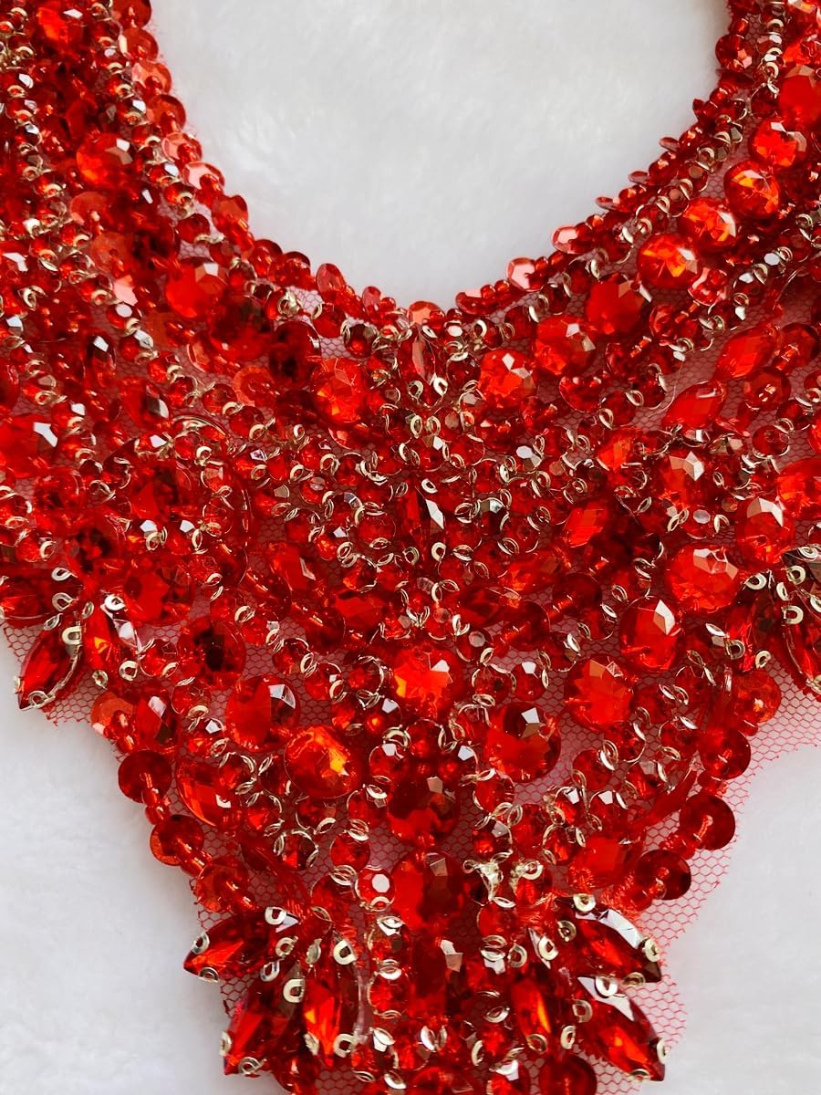 BDACY. HCMY Handsewing Rhinestones Beads Applique for Dress Clothing Neckline and Chest Trim sew on Shining Crystal Sequins lace Patches one Set/Bag 9.4X13.7in (Red)
