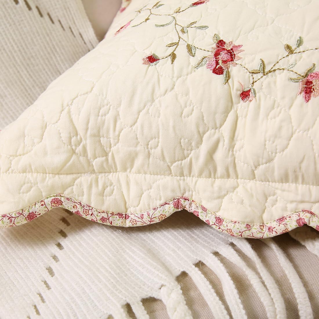 vctops Set of 2 Cotton Quilted Embroidered Decorative Square Throw Pillow Covers with Scalloped Floral Soft Cushion Case for Couch Sofa Bed (Flower D,18"x18")