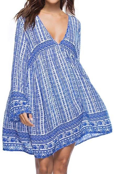 Women Boho Mini Dress Floral Printed Long Sleeve Deep VNeck Loose