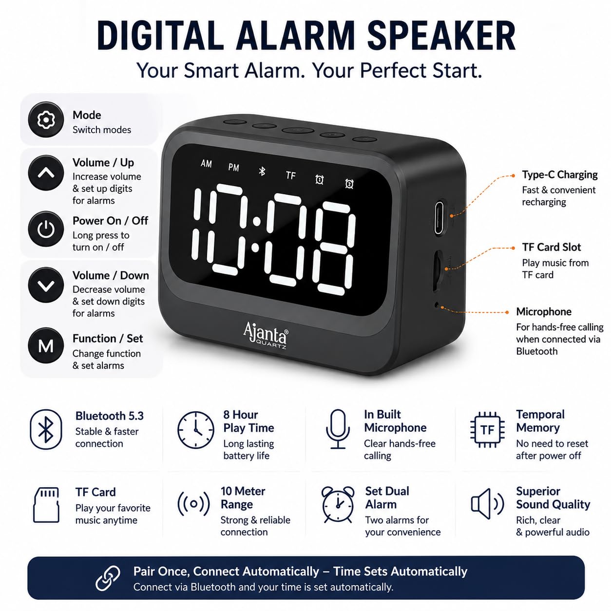 Ajanta Digital Alarm Clock Bluetooth Speaker with LED Displa -2 Ajanta Digital Alarm Clock Bluetooth Speaker with LED Displa -2