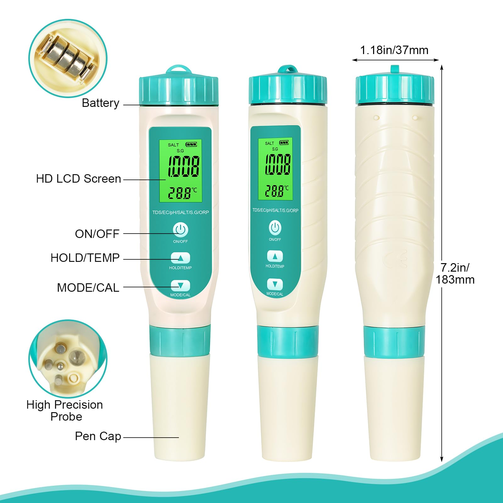 Testeur de qualité de l'eau T8-W7L – Appareil de mesure 7 en 1 pH/TDS/EC/sel/ORP/SG/température | Étanchéité IP67 | Calibrage ATC | Écran LED rétroéclairé pour aquarium, hydroponie, jardin