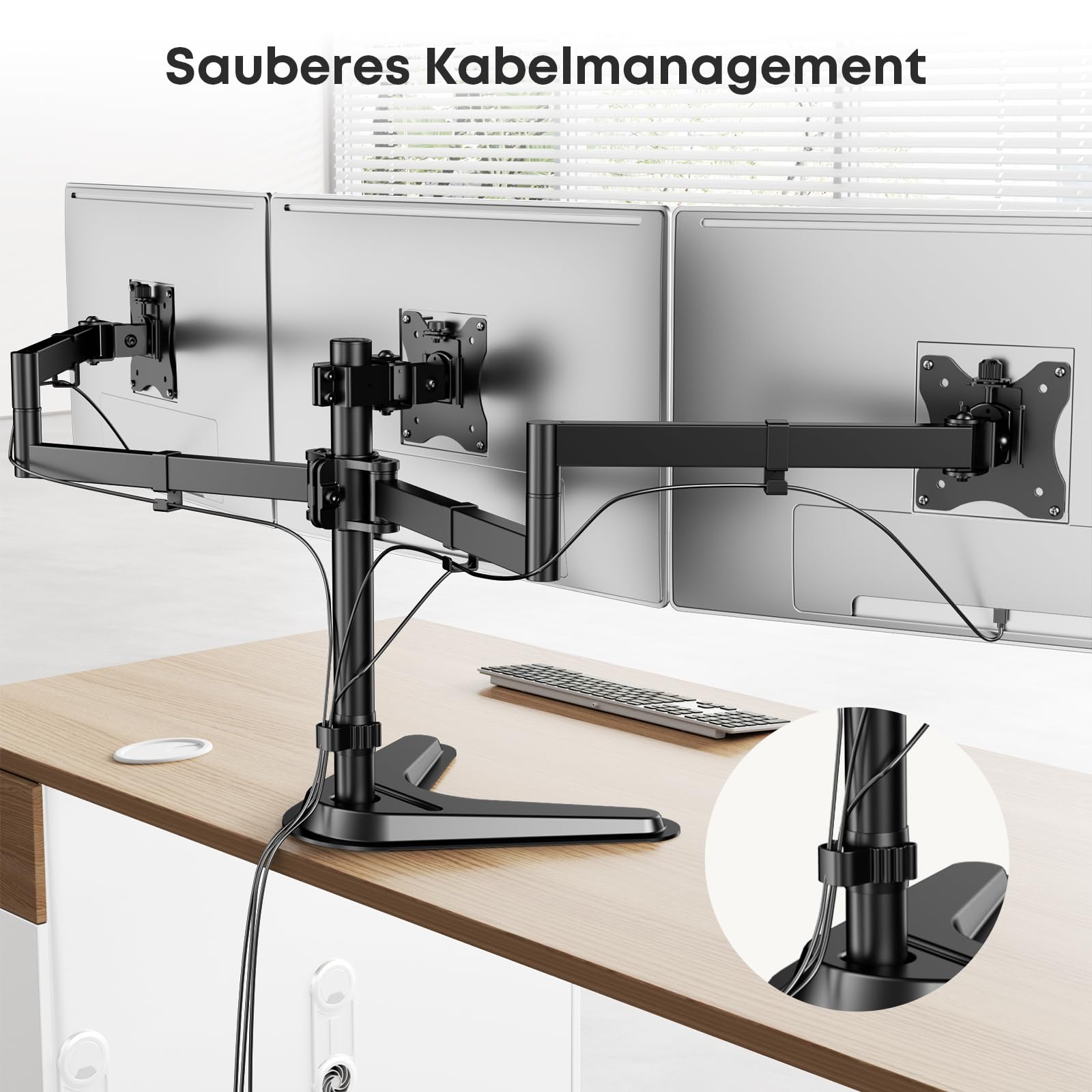 Putorsen Monitorhalterung für 3 Monitore bis 27 Zoll - Schwere, voll verstellbare Tischhalterung mit Standfuß & Kabelmanagement, 10 kg pro Arm, Schwarz
