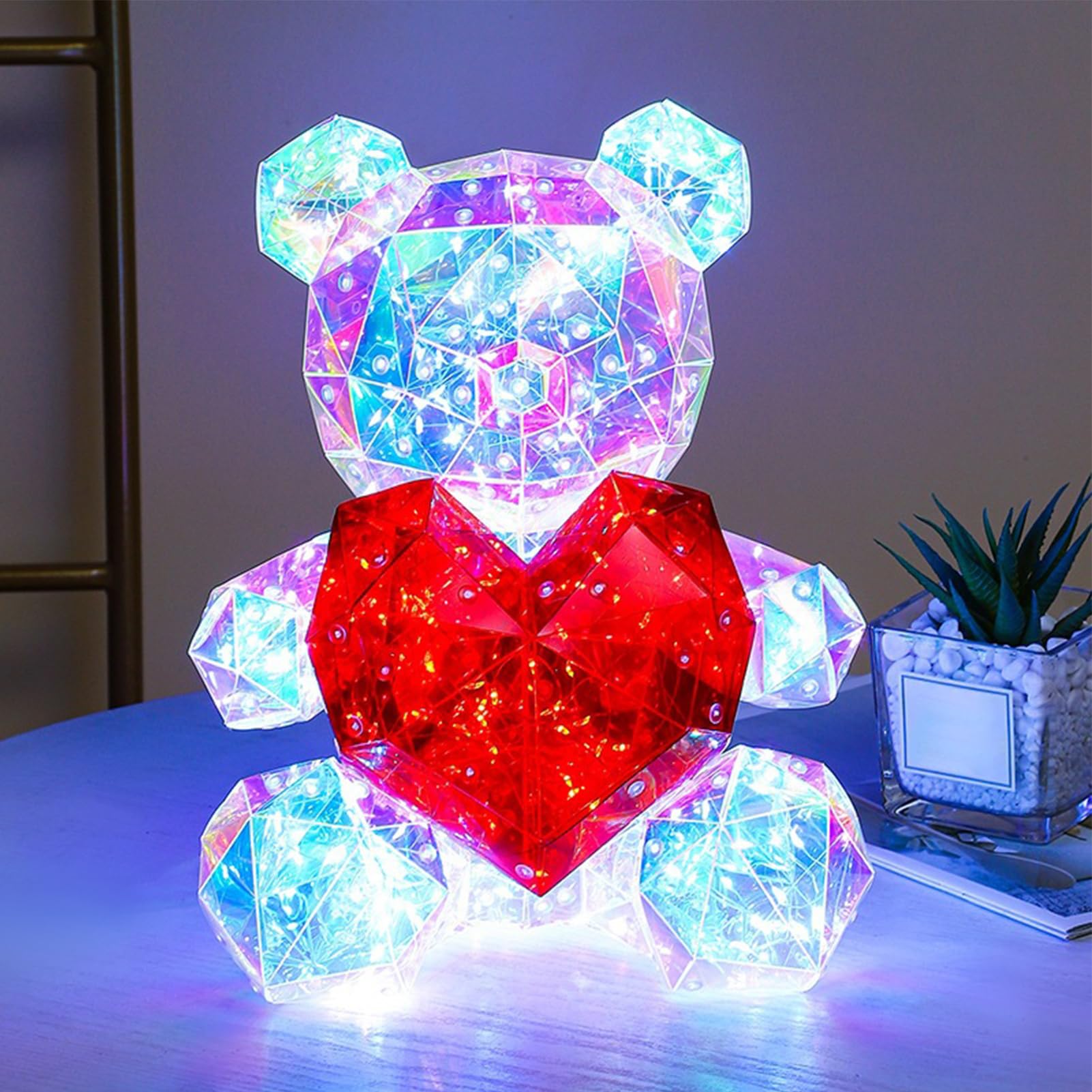 Leuchtbär bunt mit rotem Herz Geburtstagsgeschenke Valentinstag Deko Schlafzimmer Kindergeburtstag