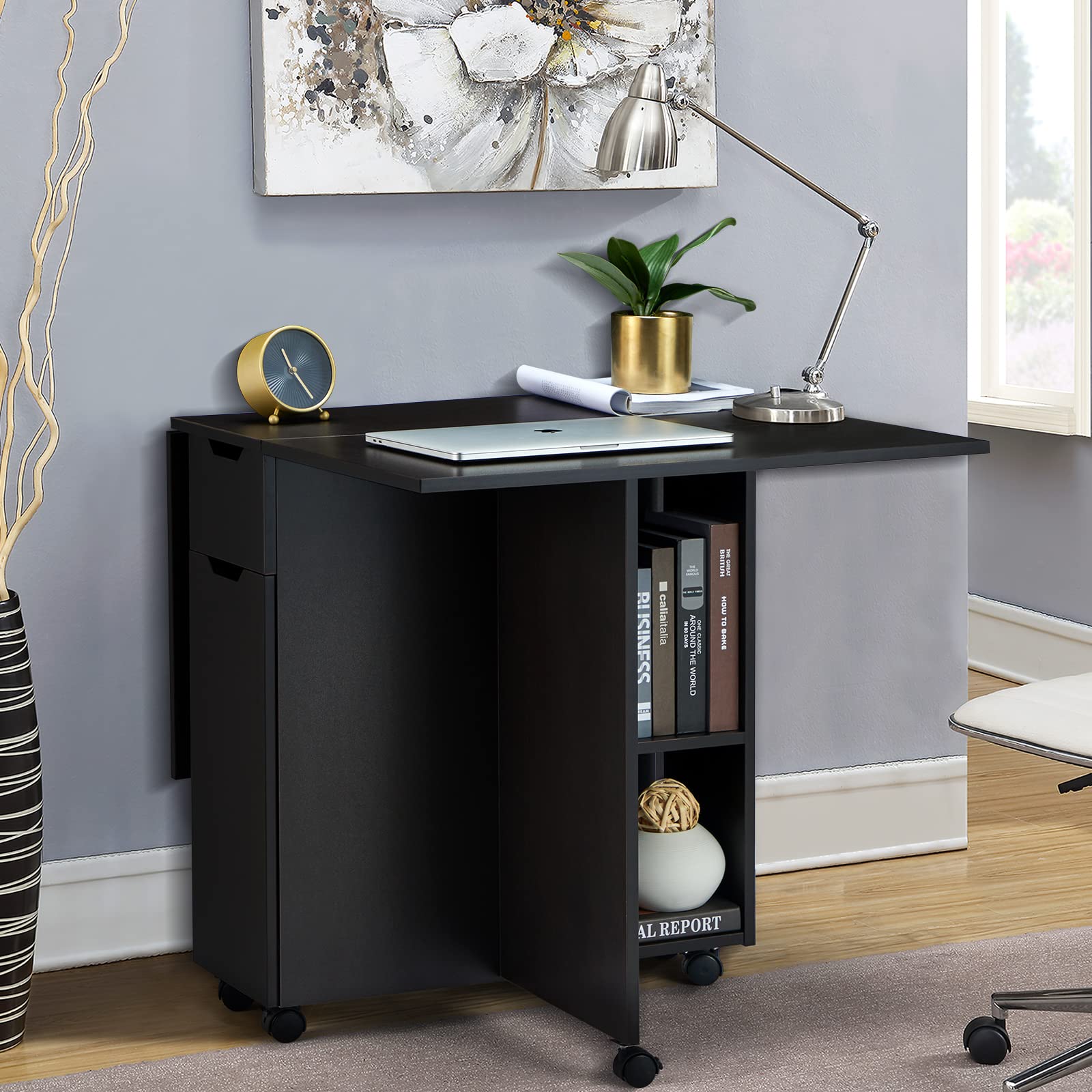 JOMEED Folding Dining Table with 6 Wheels, Drawer and 2Layer Storage