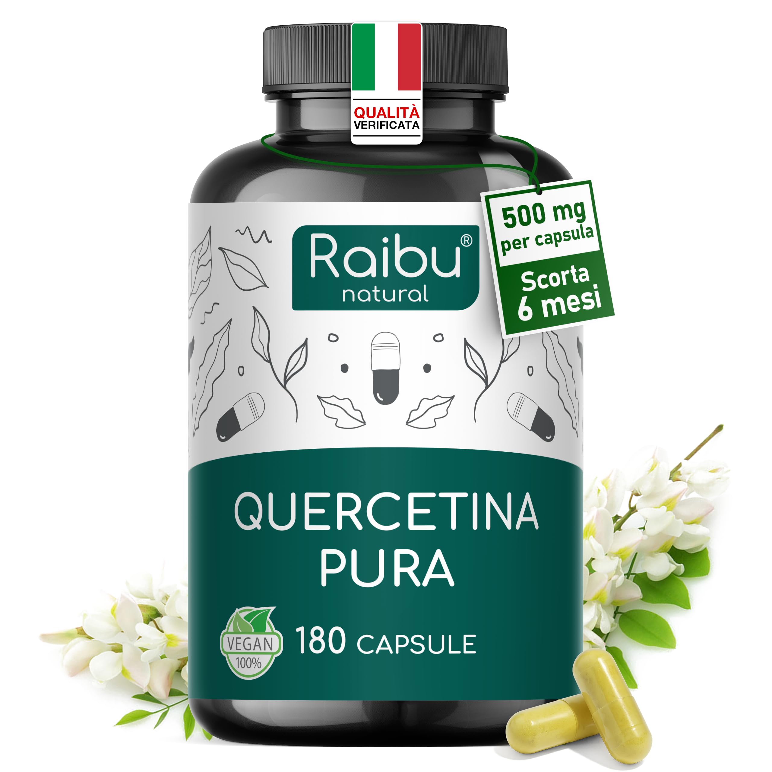 Quercetina 500 mg da Sophora japonica al 95% + vitamina C — 180 capsule vegane