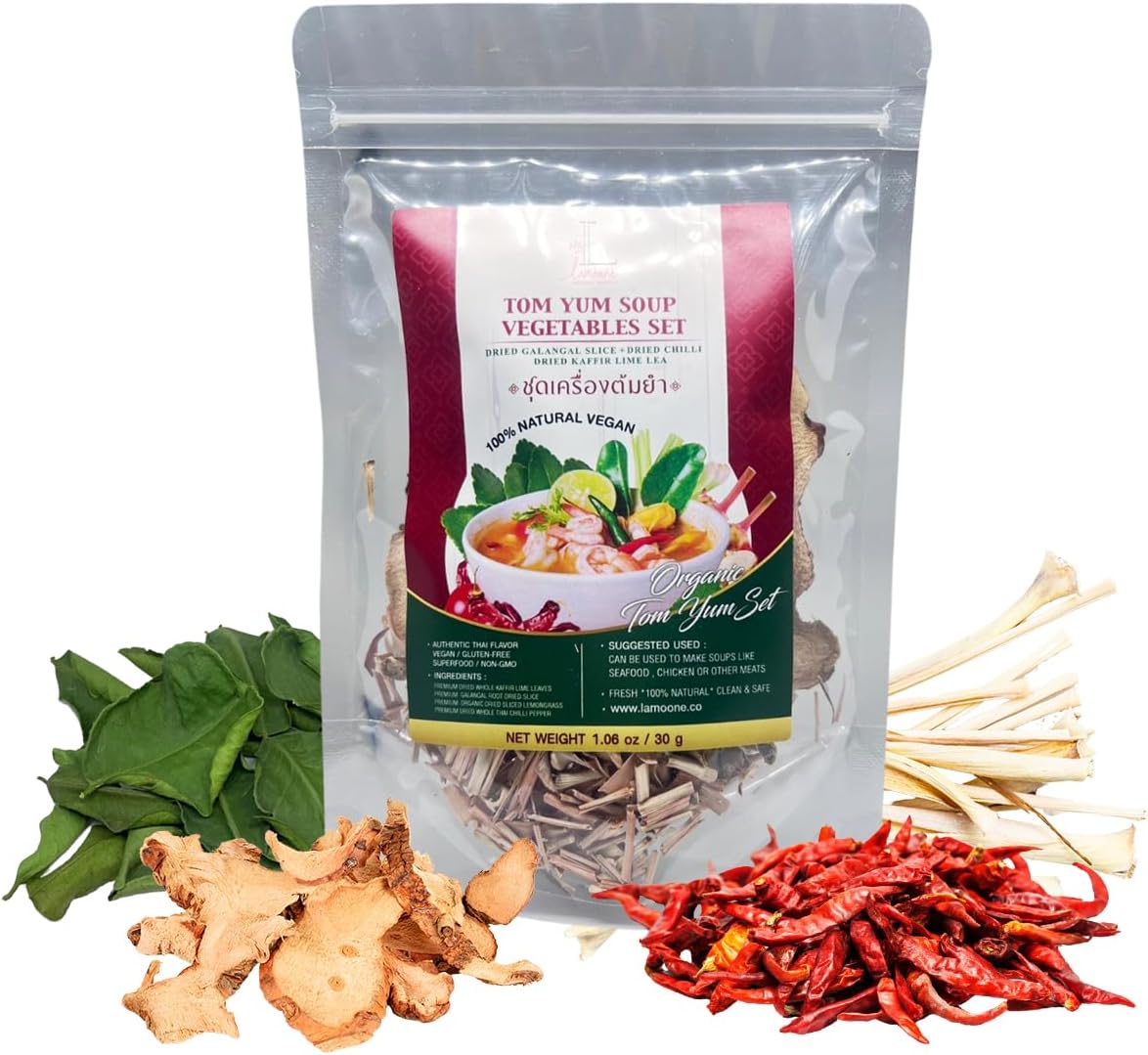 Lamoone Thai Tom Yum & Tom Kha Soup Spice Mix, Authentic Thai Herbs & Chili, Lemongrass Galangal Lime Leaves, 30g (1.06 oz), Makes 2–4 Servings