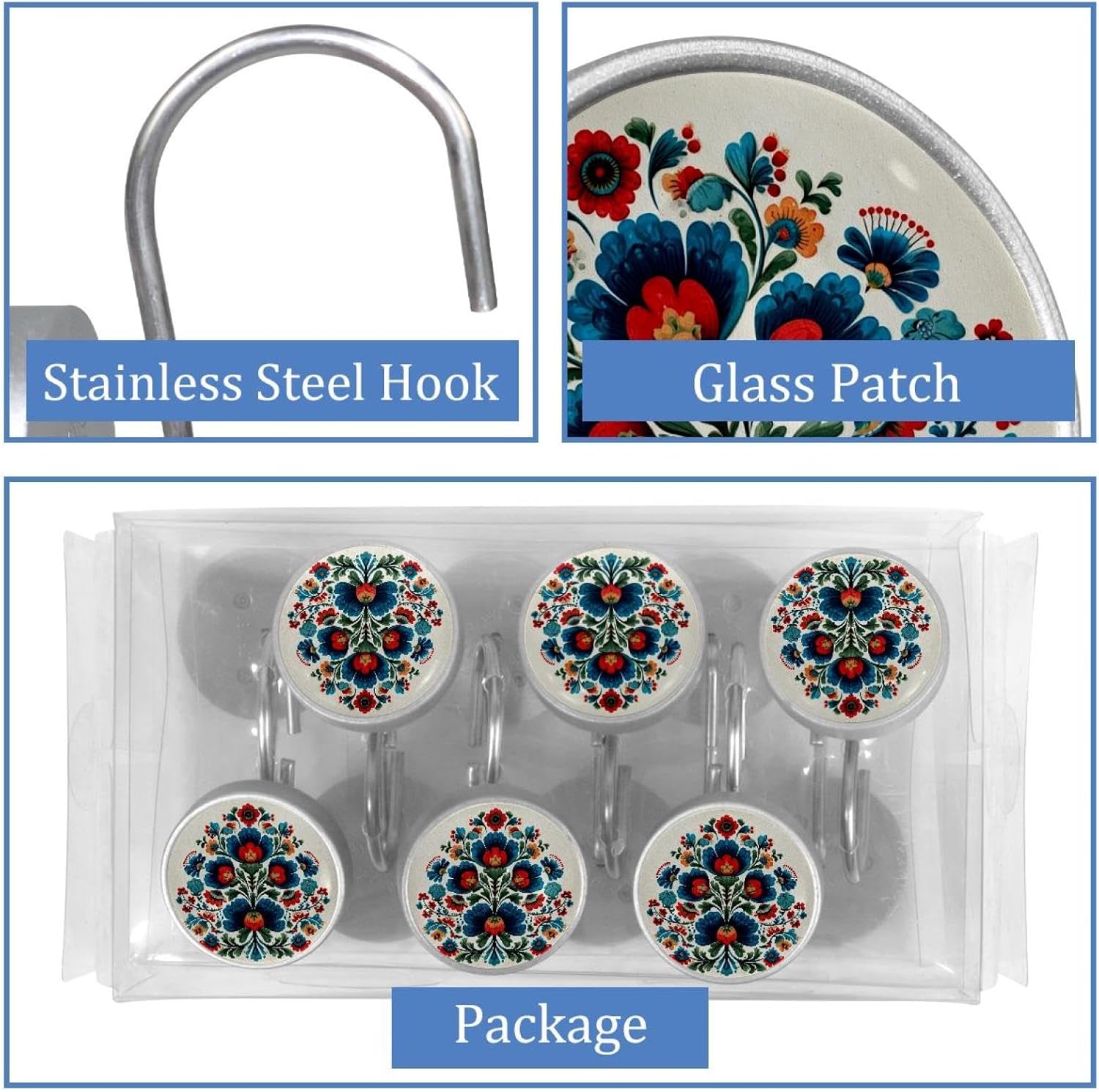 12PCS Norwegian Rosemaling Folk Style Flower (93) Shower Curtain Hooks Metal Rust Resistant Decorative Shower Curtain Hooks Bathroom Decorations