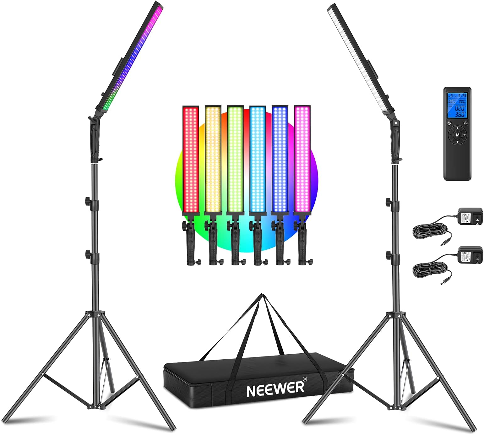 Neewer 2-Pack RGB LED Light Stick Kit, 21W Dimmable 3200K~5600K Bi-Color Handheld Light with 2.4G Remote/360° Full Color/CRI 95+/10 Scenes/Stand/Bag for YouTube and Studio Photography