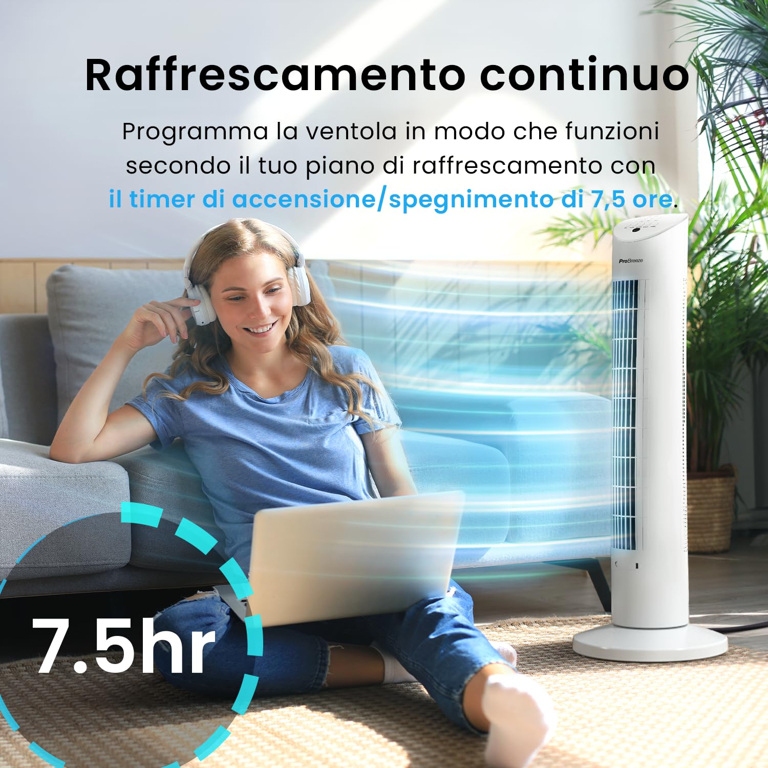 Pro Breeze Ventilatore a Torre Oscillante - 60W Con Timer 7,5 ore e Telecomando - Oscillazione a 70° Gradi e 3 Modalita di Raffreddamento- Altezza 79 cm