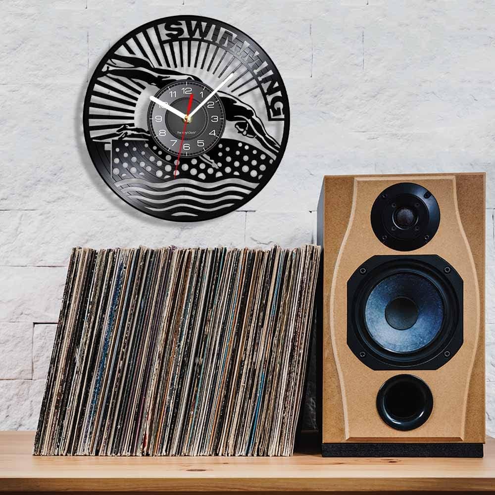 12 Inch Swimming Wall Clock, Silent Quartz Non Ticking Battery Operated Modern Decorative Analog Black Vinyl Record Wall Clock for Athletes Gifts Natatorium Living Room Bedroom Decor