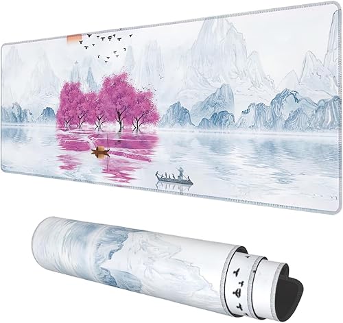Alfombrilla para escritorio, Alfombrilla de ratón para juegos extendida con pintura de aceite de árbol de cerezo en flor grande, de 31.5"x11.8" con