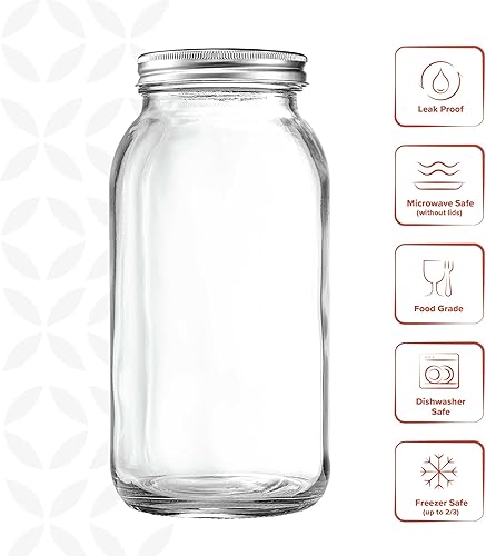 Miniatura 2 de Tarros de vidrio de boca ancha de 64 onzas con tapas herméticas y bandas de metal, 1 cuarto de galón grande para conservas, conservas y preparación