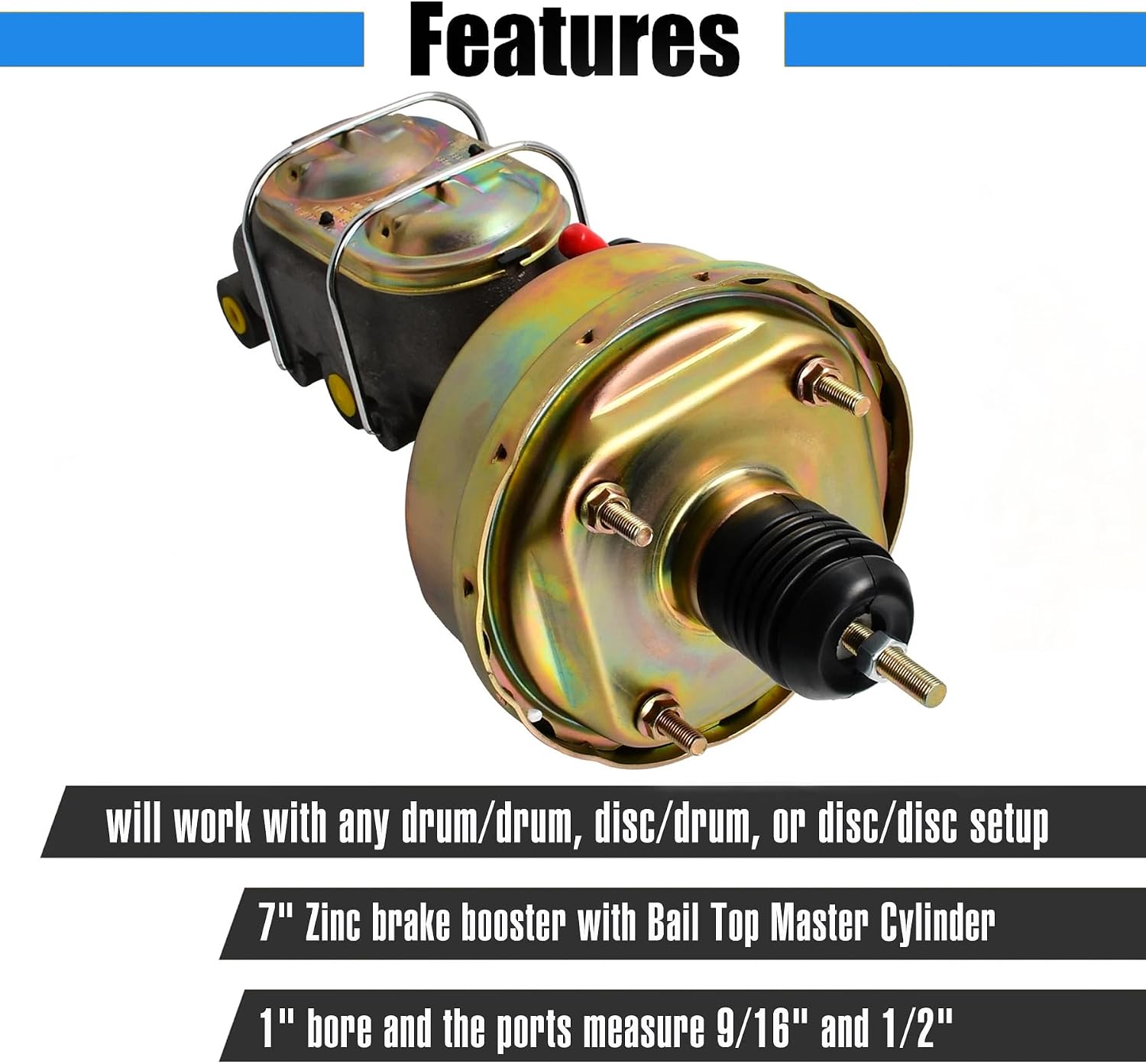 7 Inch Zinc Power Brake Booster Kit with 1 Inch Bore Bail Top Master Cylinder Kit Street Rod Rat Rod
