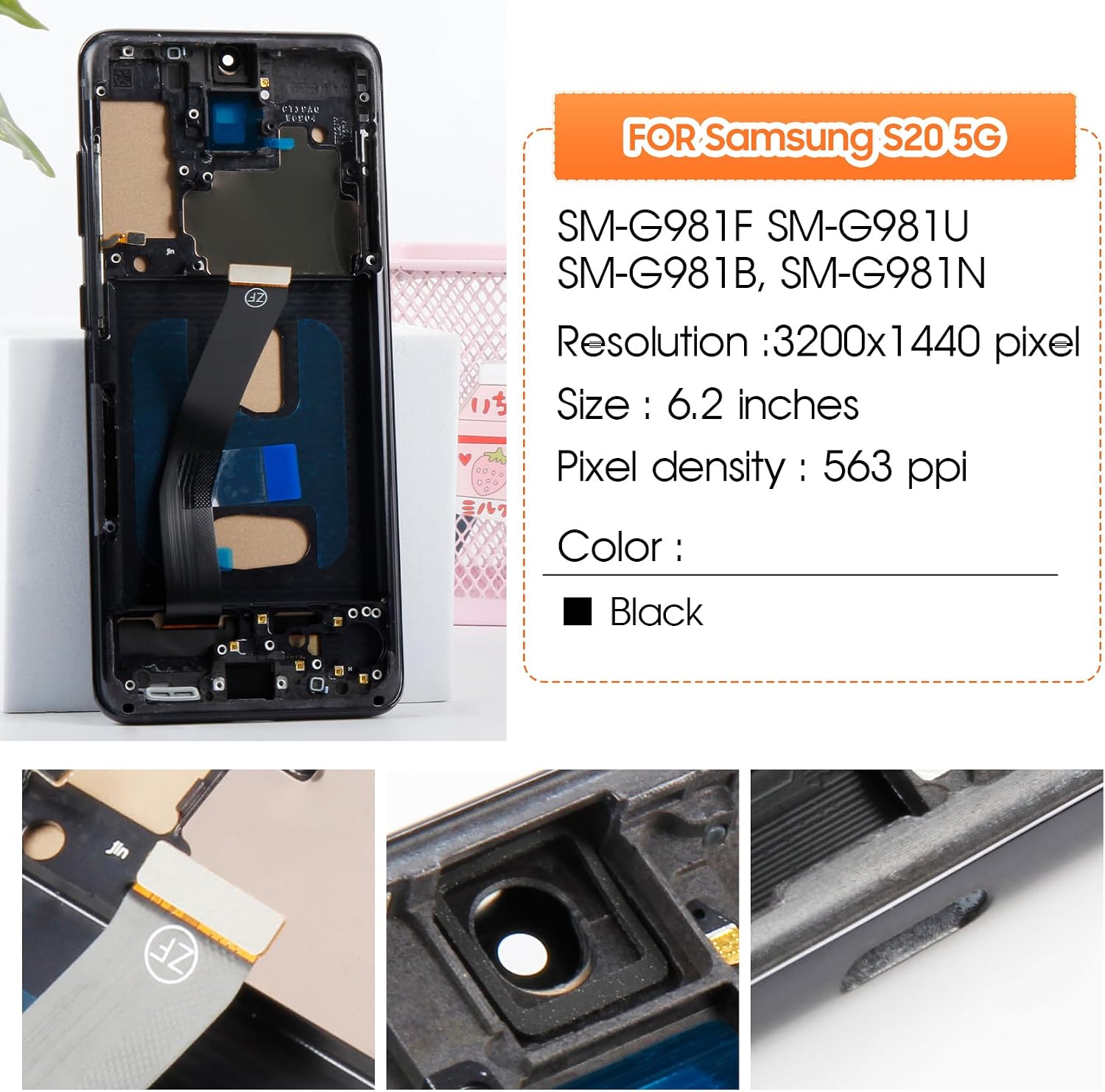 Not Original Screen for Samsung Galaxy S20 5G Screen Replacement for Samsung S20 5G LCD Screen SM-G981B Touch Display Digitizer Assembly Repair Parts(No Fingerprint Function) (Black with Frame)