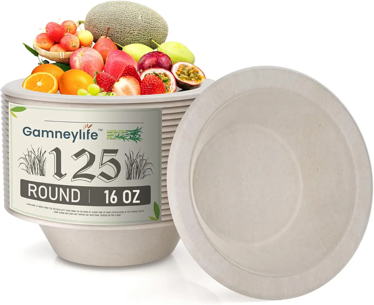 Gamneylife 100% Compostable Paper Bowls [125-Pack] Heavy-Duty Quality Natural Disposable Bagasse, Eco-Friendly Biodegradable Made of Sugar Cane Fibers (16 Oz)
