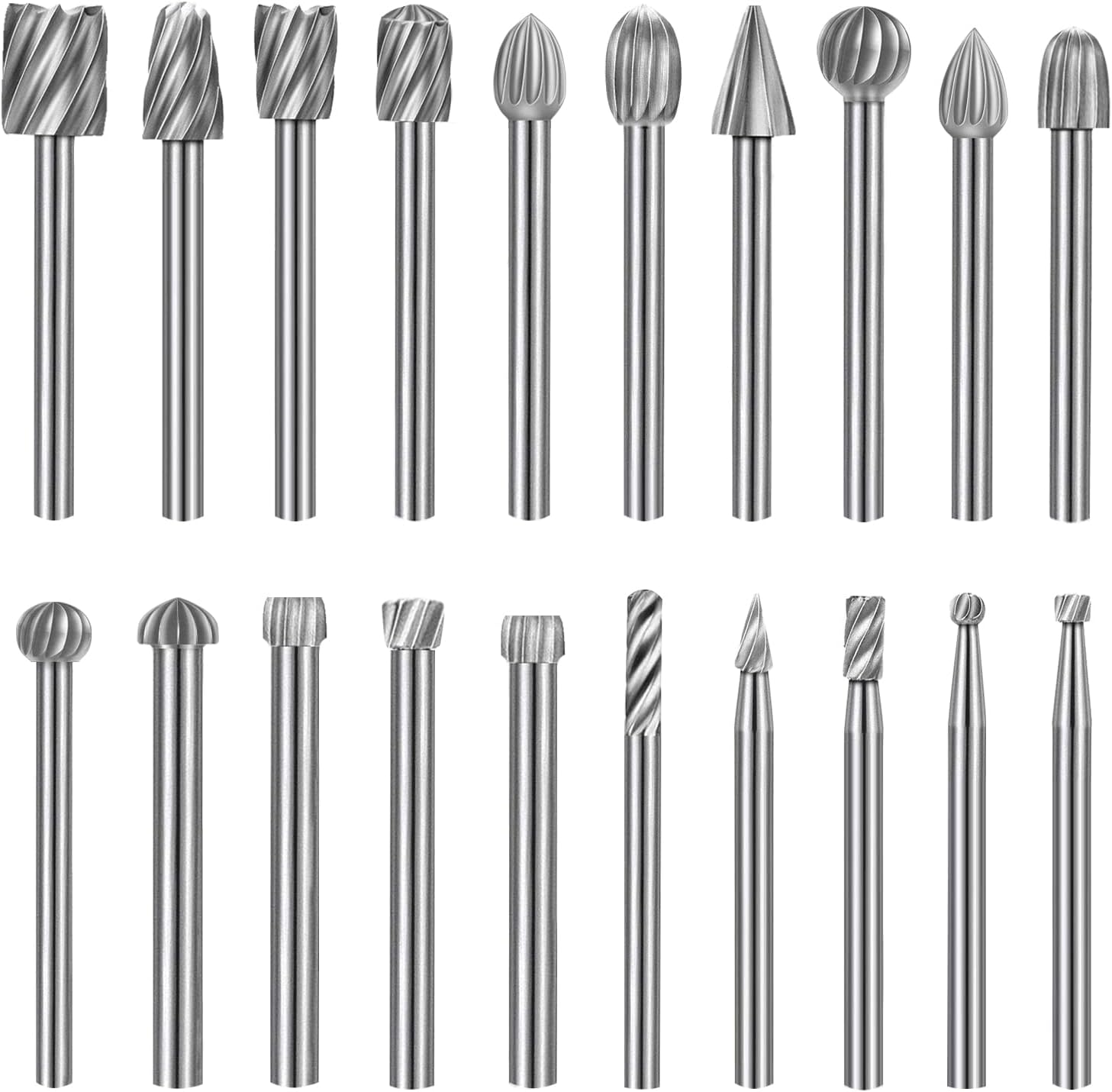 20Pcs Wood Carving Bits Set Compatible with Dremel, Tungsten Carbide Rotary Burr Set, Rotary Tool Accessories with 3mm(1/8”) Shank for DIY Woodworking, Engraving, Drilling, Grooving