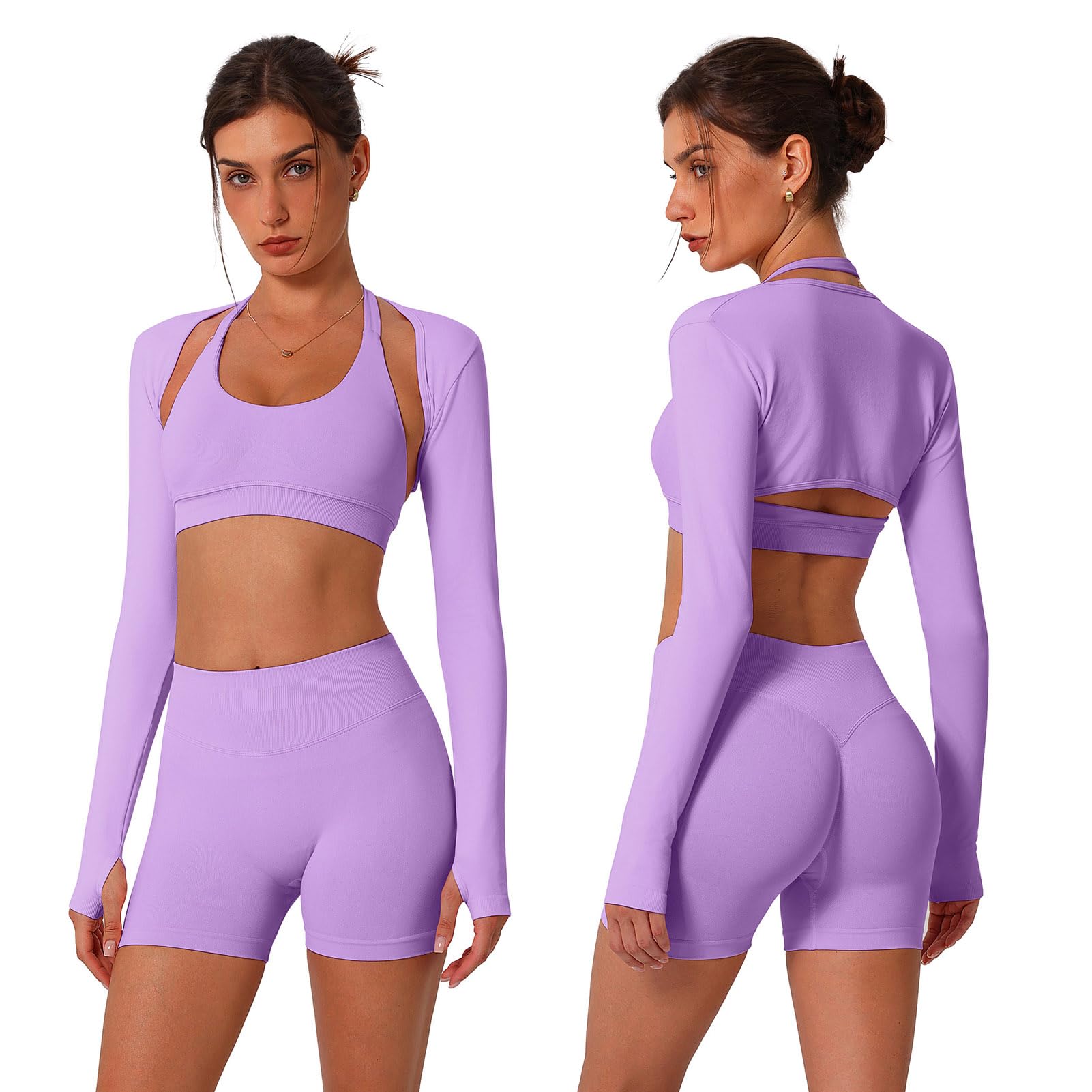 ABOCIW 3 Piece Workout Sets for Women Seamless Halter Sports Bra High Waist Biker Shorts Long Sleeve Bolero