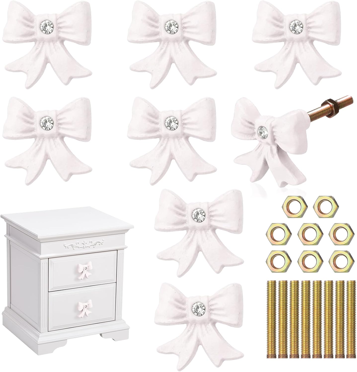 MorningRo 8 Pcs White Bow Dresser Knobs Cast Iron Drawer Cabinet Knobs Coquette Girly Bow Vintage Decorative Drawer Pull Handles for Nursery Girls Room Vanity Wardrobe Bedroom Kitchen Home Decor