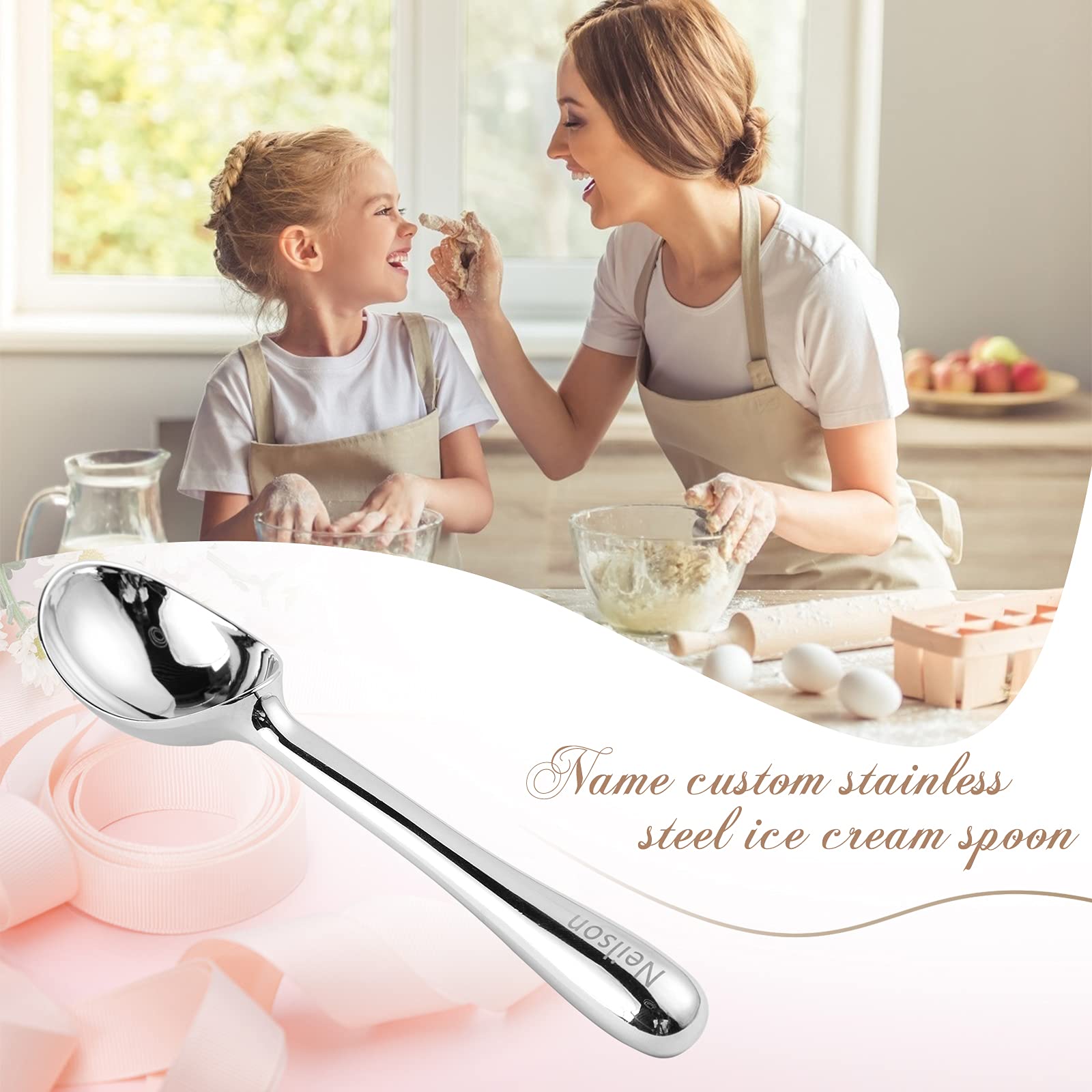 Bosajewel Custom Engraved Stainless Steel Name Scoops Personalized Tea Coffee Soup Cereal Ice Cream Scoop Creative Dads Ice Cream Spoon Suitable for Teenagers Friend Family Father Mother Gifts-Silver