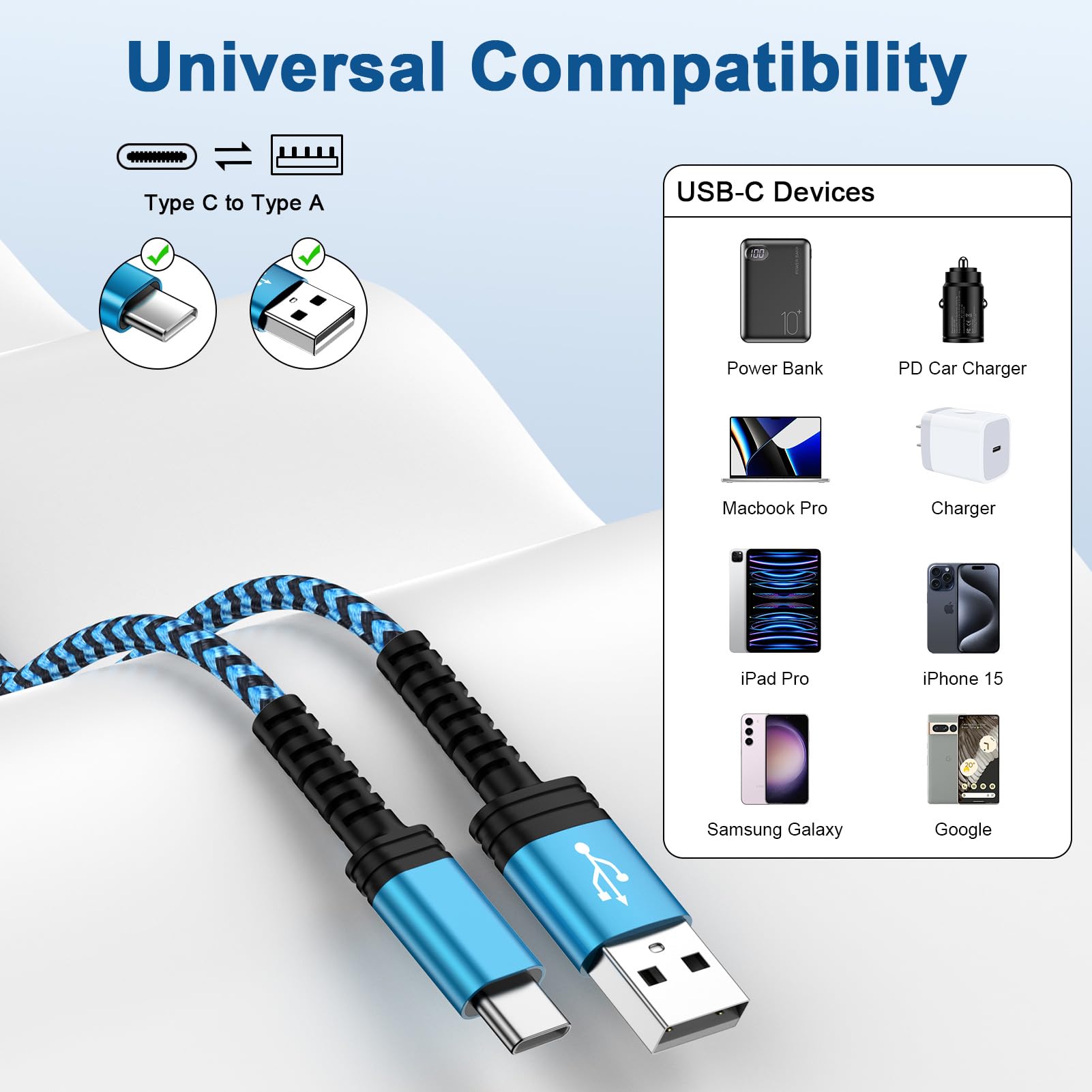 Confezione da 2 cavi USB tipo C da 3,1 A, per telefoni Android, da USB A a USB C, cavo intrecciato per ricarica rapida